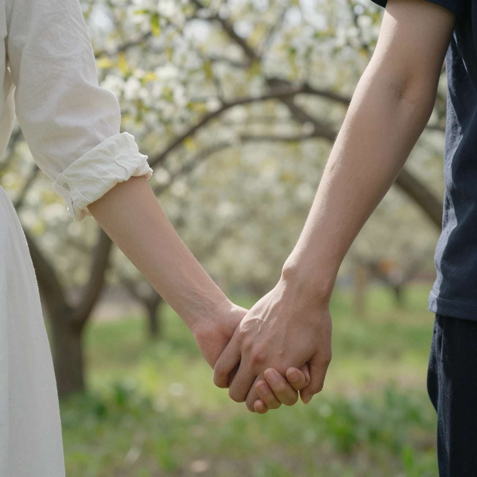 A romantic, tender scene of two people holding hands in a bl...