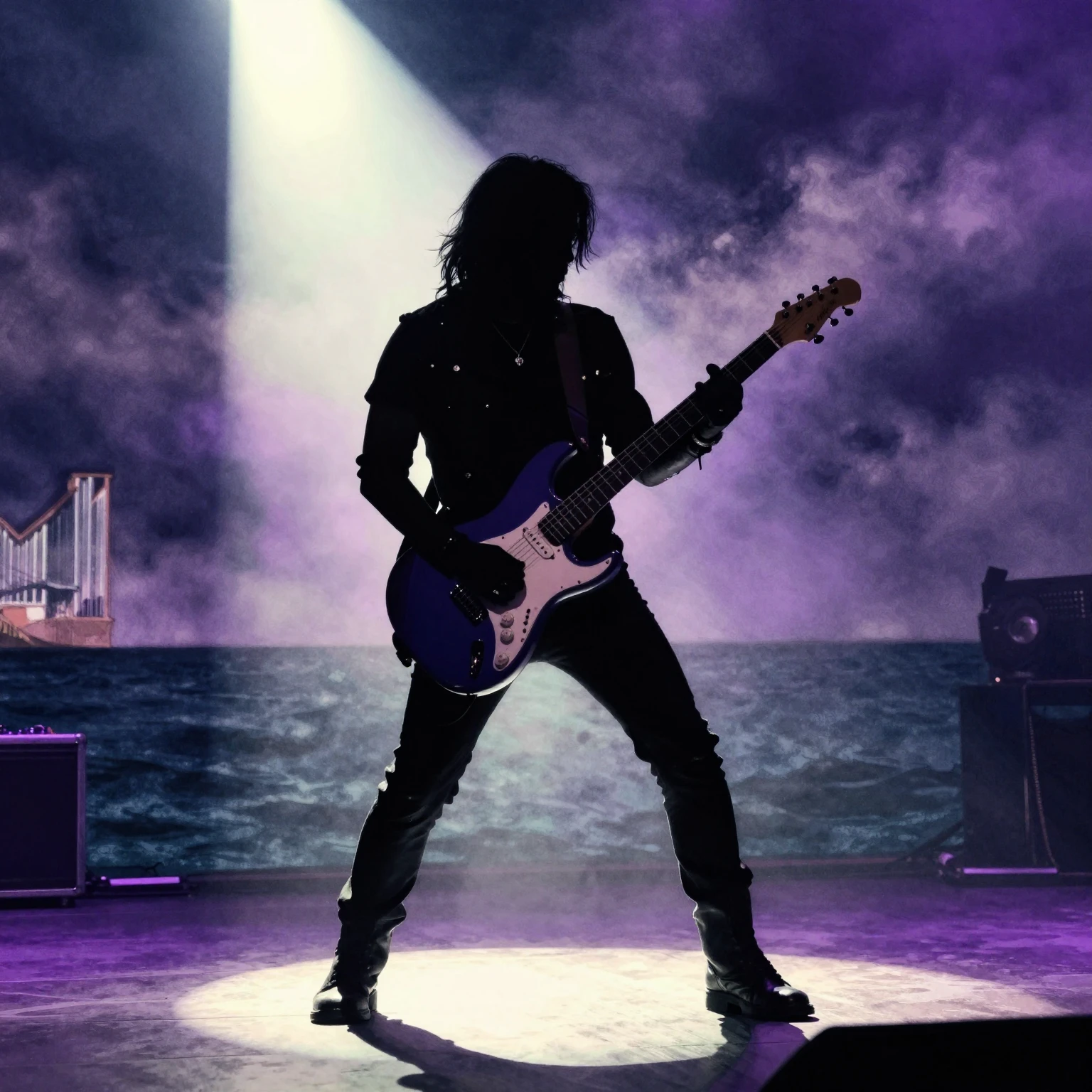 A black silhouette of a rock guitarist with a stratocaster, ...