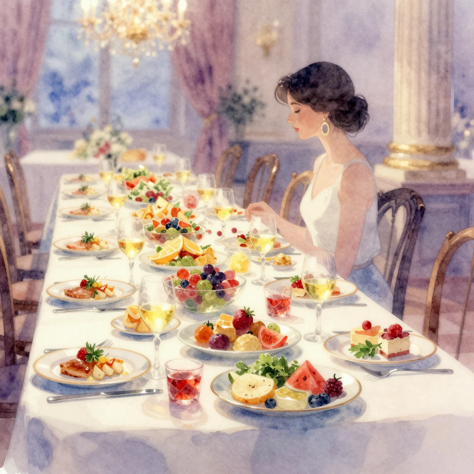 Vibrant watercolor style. A lavishly set banquet table in a ...