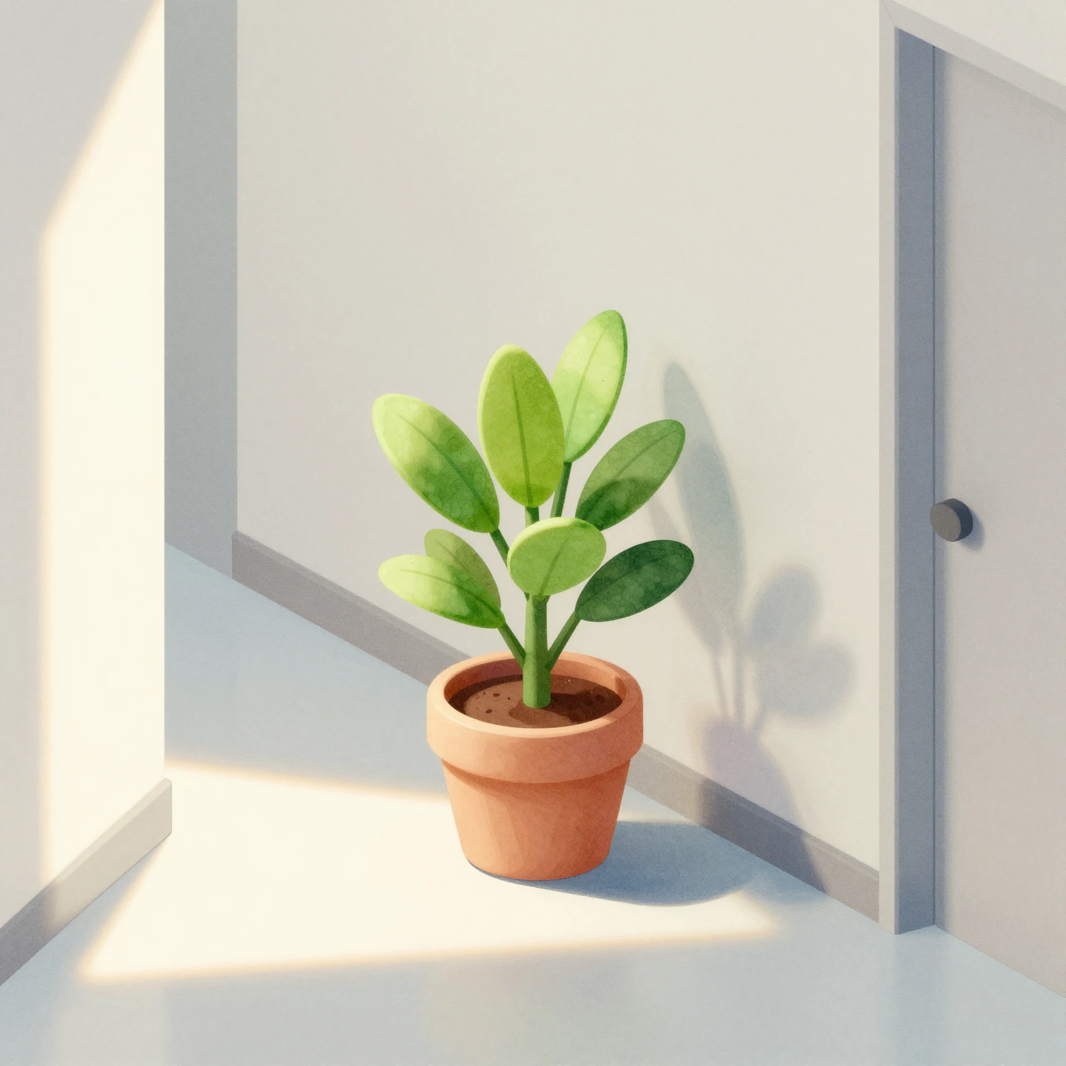 Watercolor style, small green plant in a pot in a clean mode...