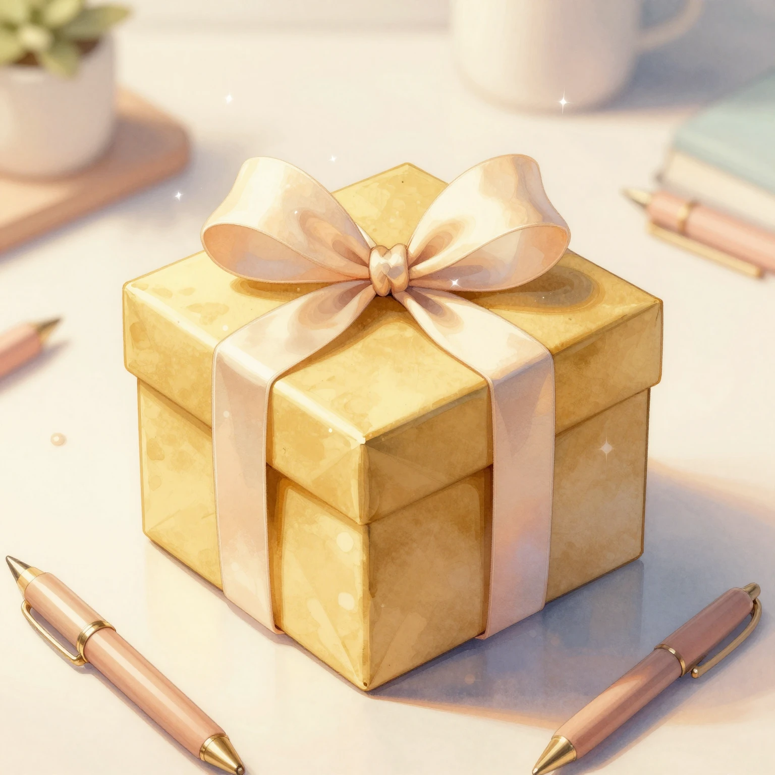 Watercolor style warm aesthetic composition with golden gift...