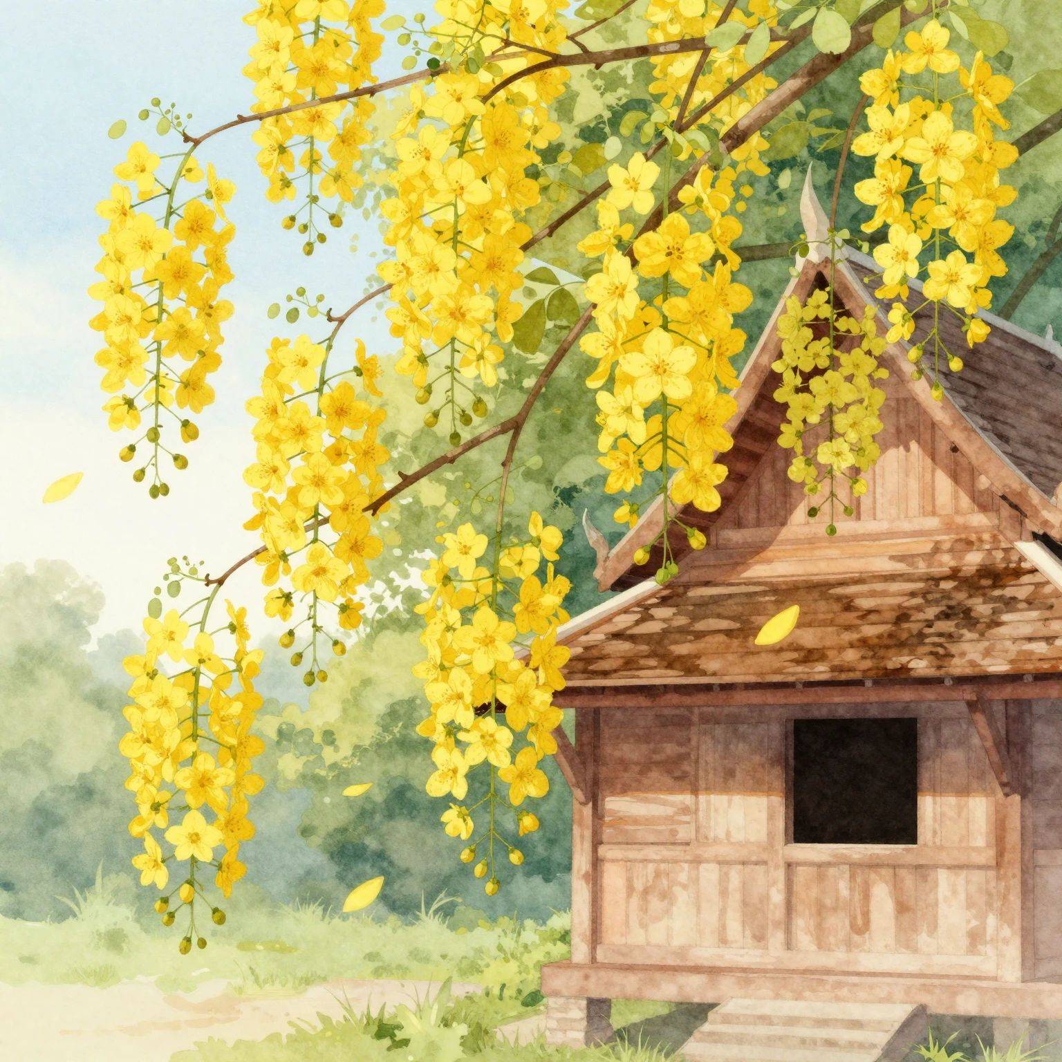 Vibrant watercolor folk art illustration focusing on bloomin...