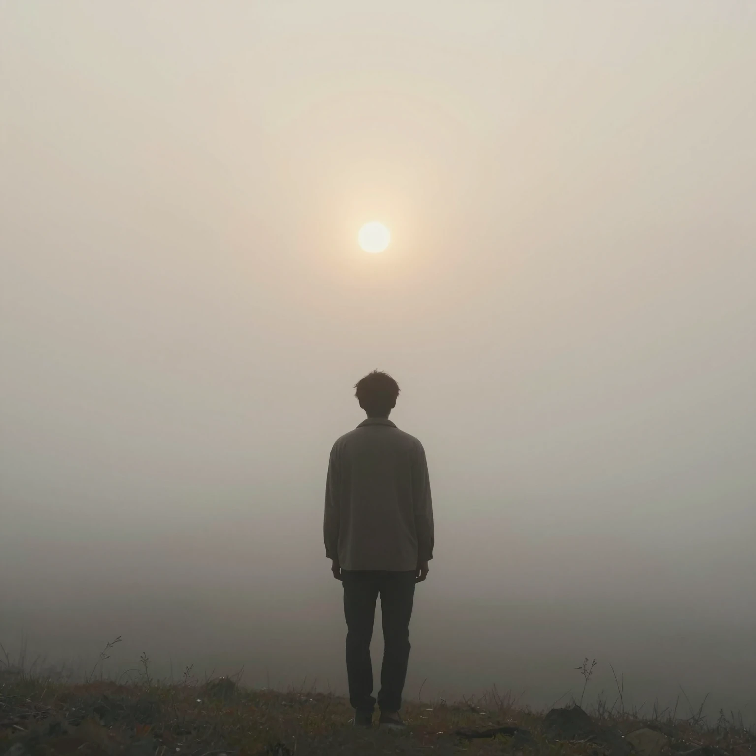 A solitary figure standing in a soft, misty landscape, looki...