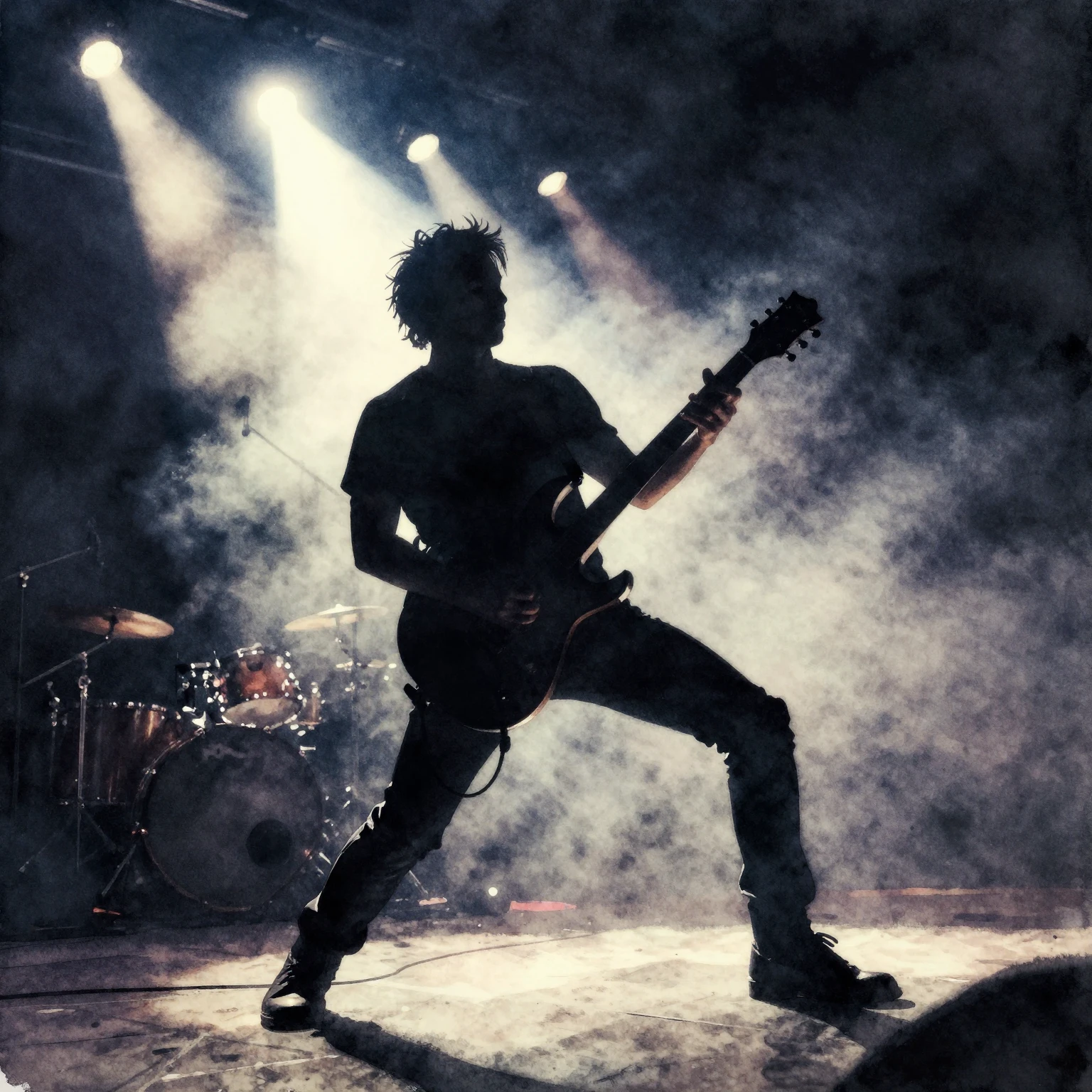 Watercolor painting of a guitarist silhouette performing an ...