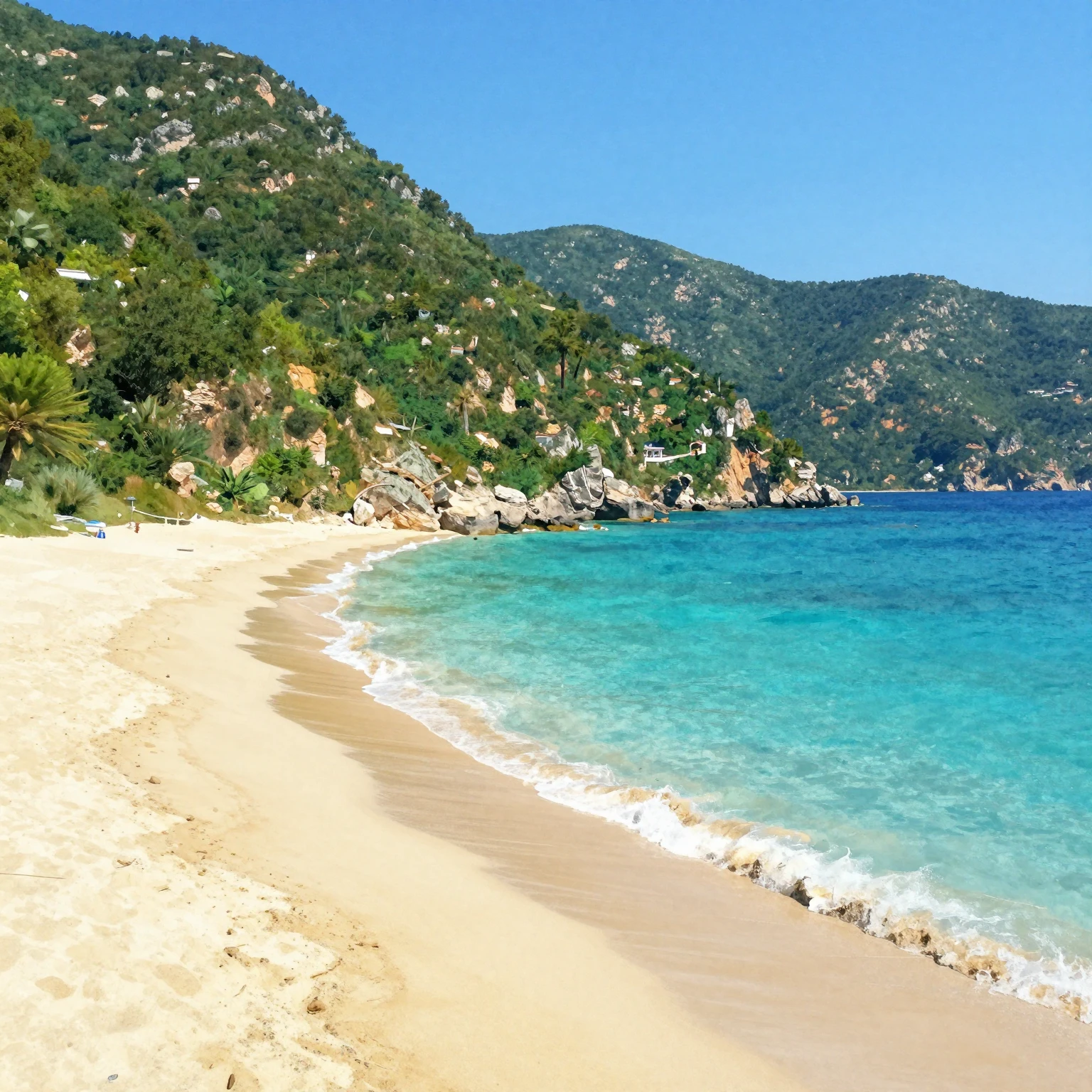 Vibrant watercolor painting of a beautiful beach in Kemer, T...