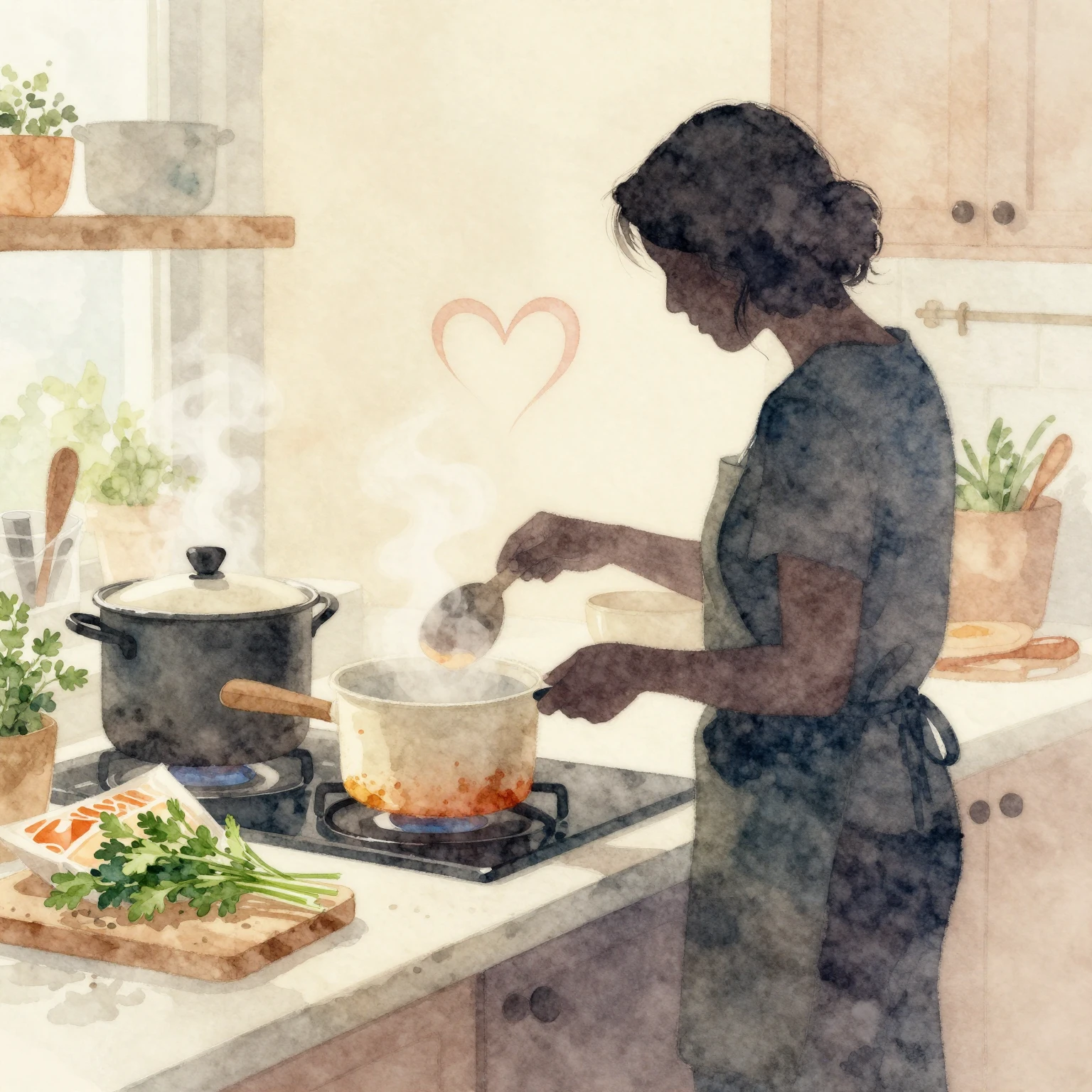 Watercolor style silhouette of a person in a cozy kitchen wi...
