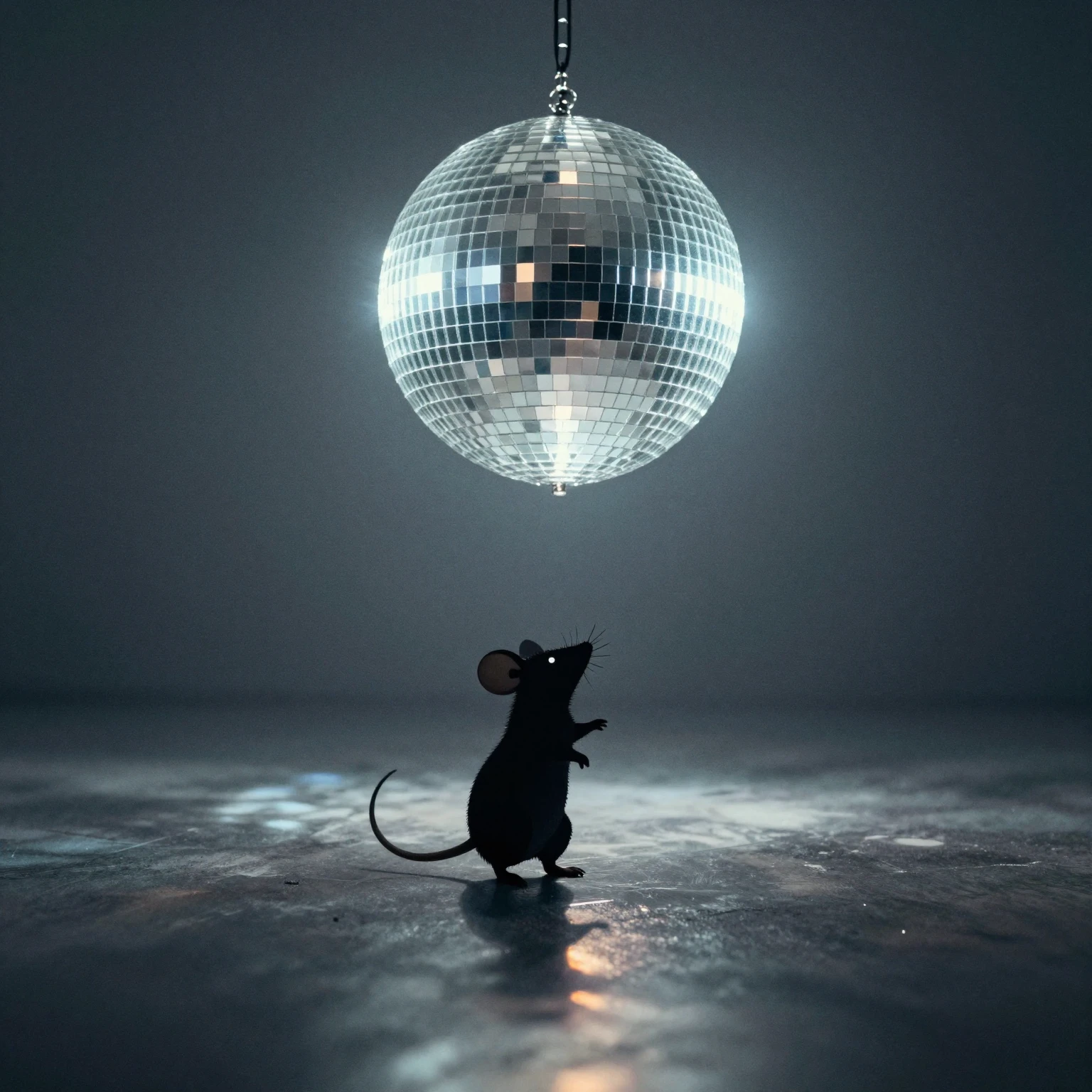 A tiny mouse silhouette dancing under a glowing disco ball i...