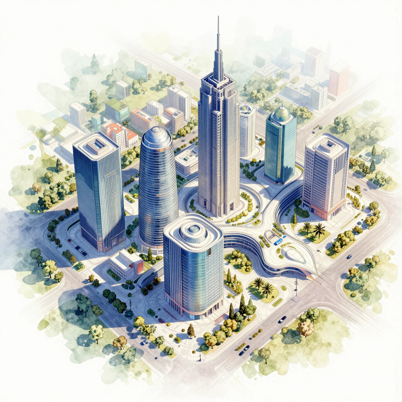 Vibrant watercolor style. Modern architectural blueprint, in...