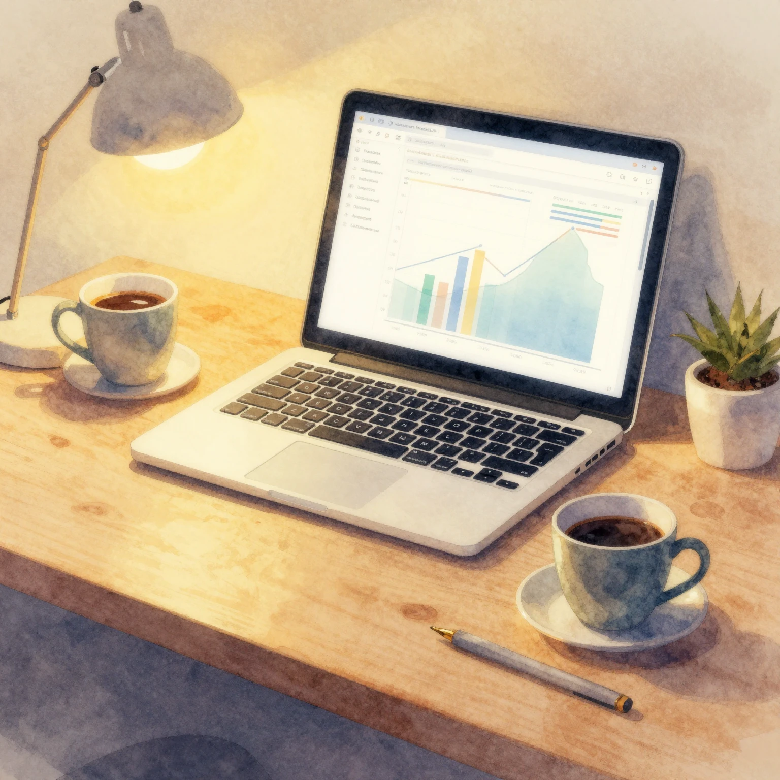 Watercolor style workspace with warm neon ambient lighting, ...
