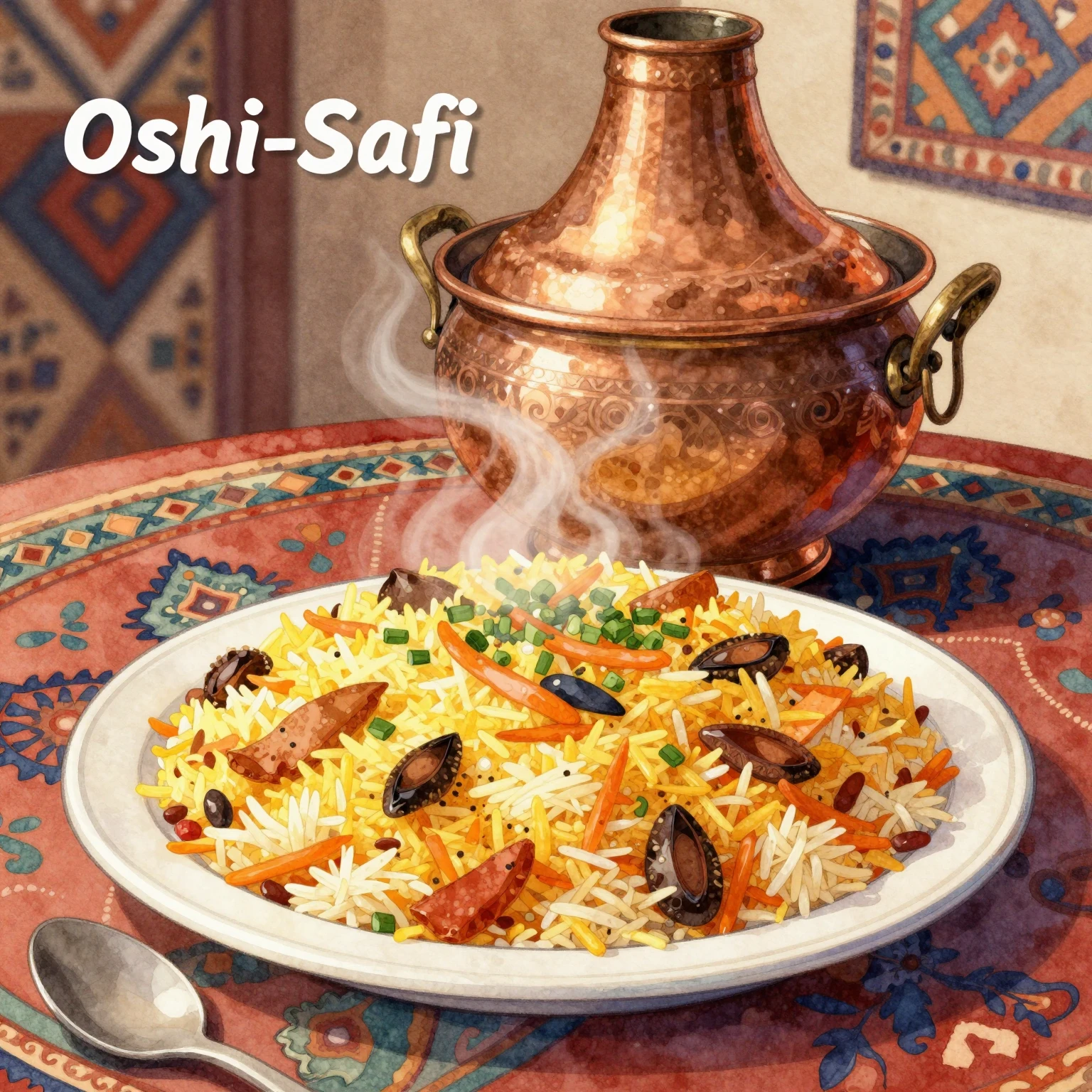 A vibrant watercolor illustration of a steaming plate of 'Os...