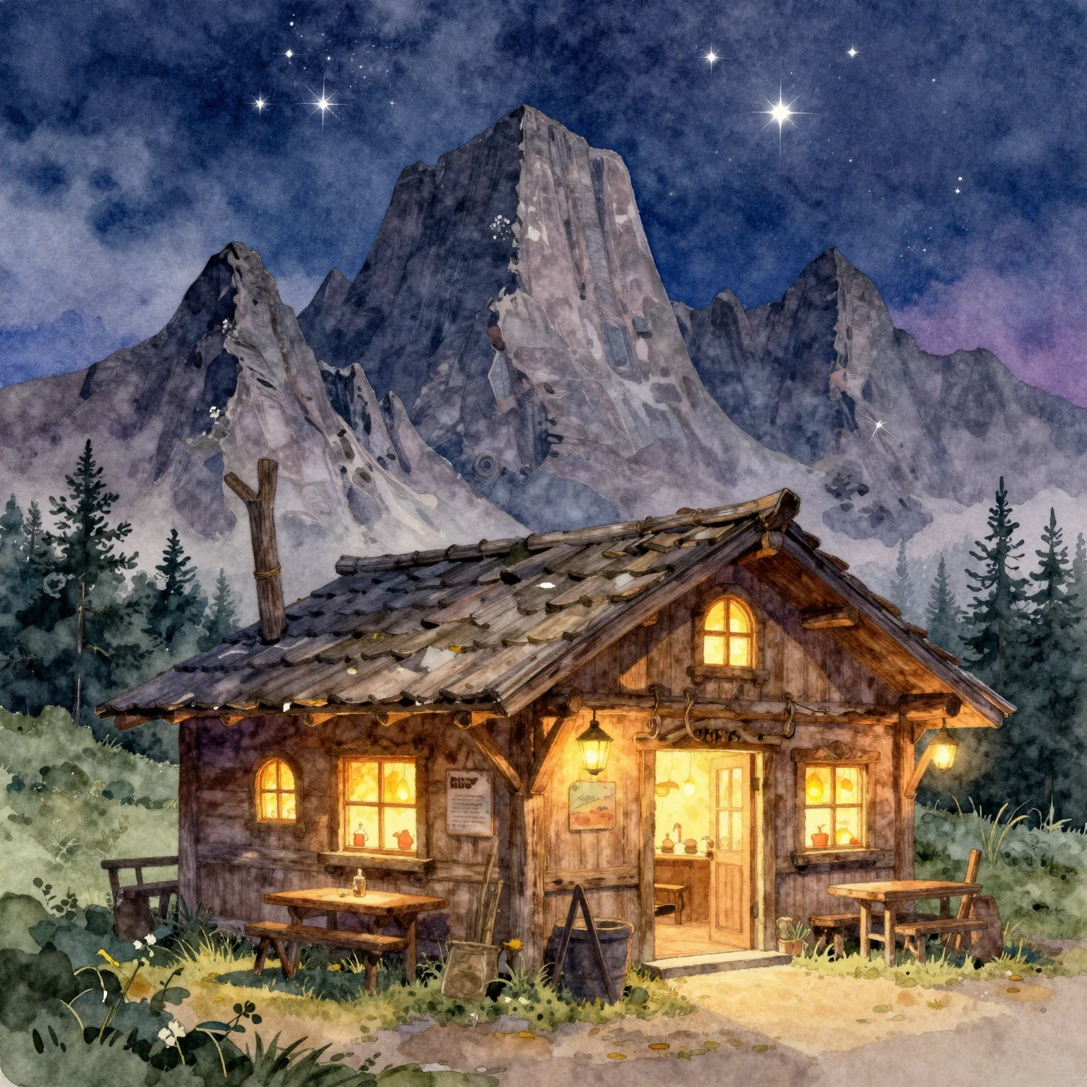A watercolor painting of a fantastical wooden tavern nestled...