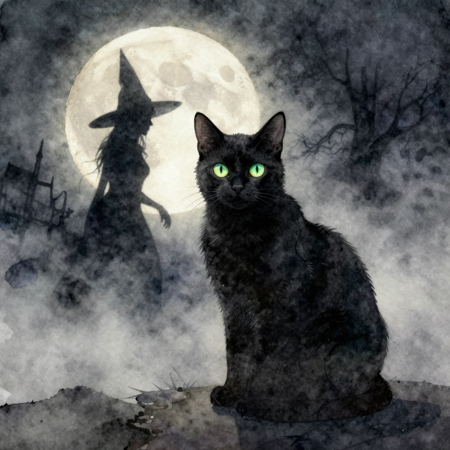 Watercolor painting of a black cat silhouette with glowing g...