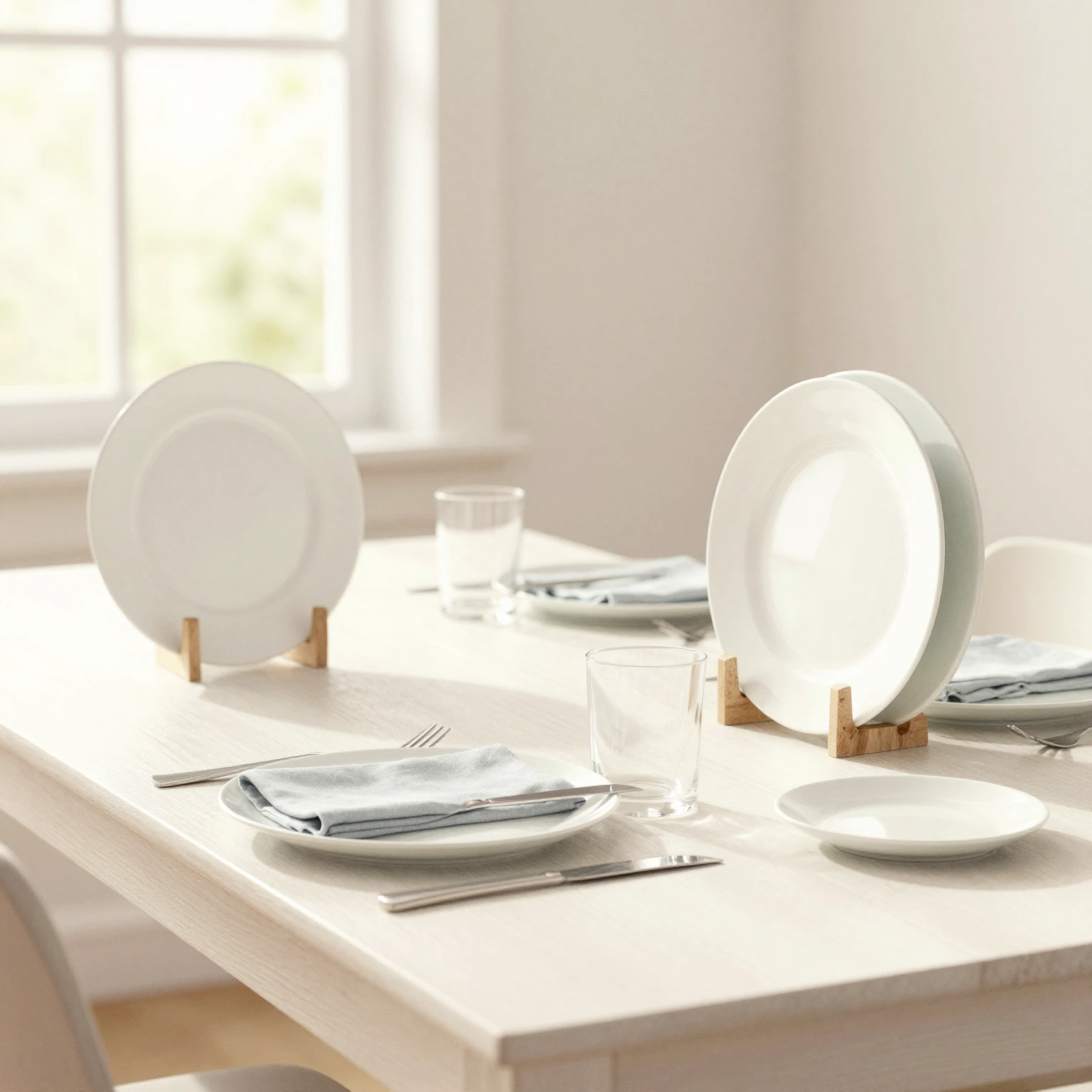 Watercolor style. A minimalist dining table with elegant pla...