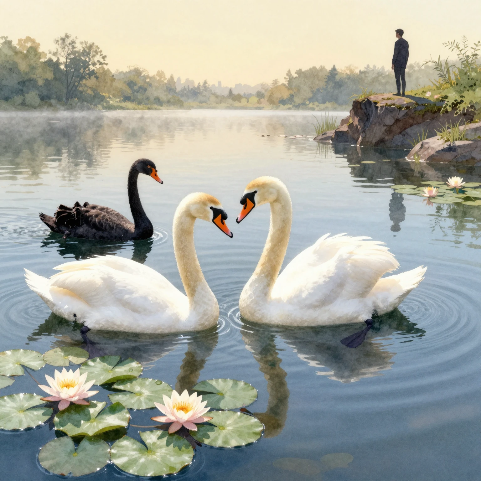 A serene pond at dawn, with a white swan calling to its mate...