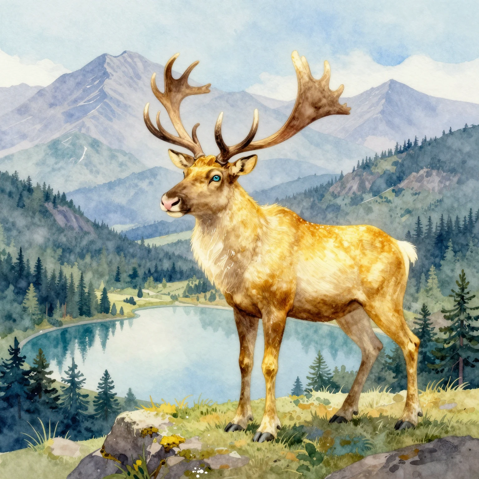 A majestic golden elk with a dreamy gaze, standing on a moun...