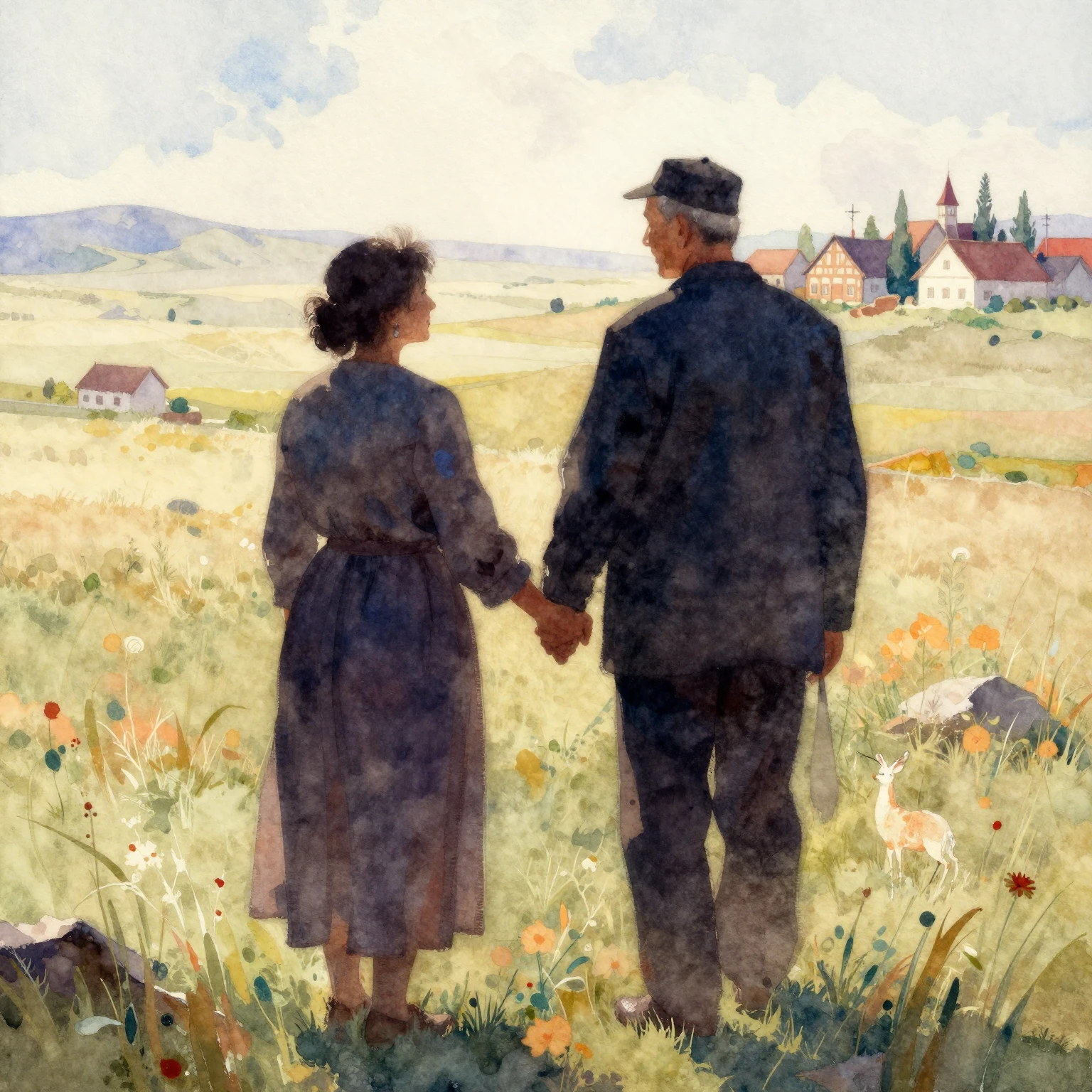 Vibrant watercolor painting, silhouette of an elderly couple...