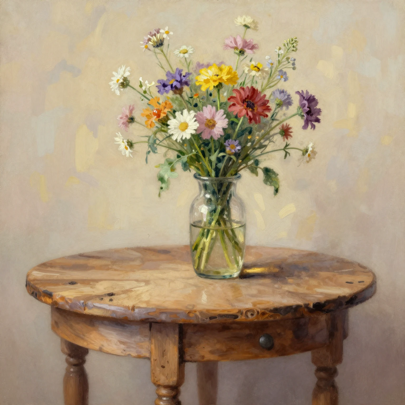 Rustic wooden table with a vase of wildflowers, cozy home de...