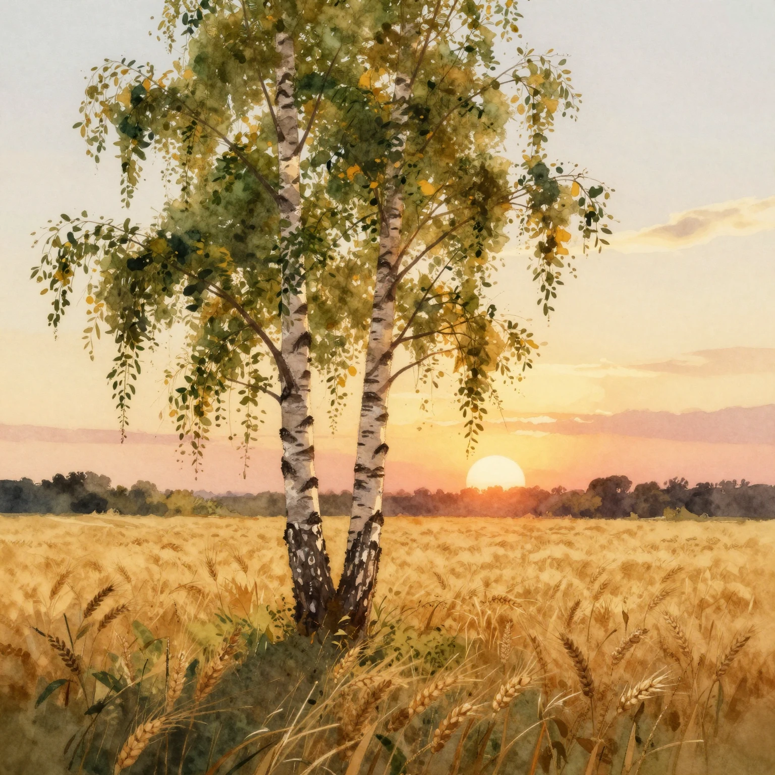 Watercolor painting of a lonely birch tree in foreground, go...