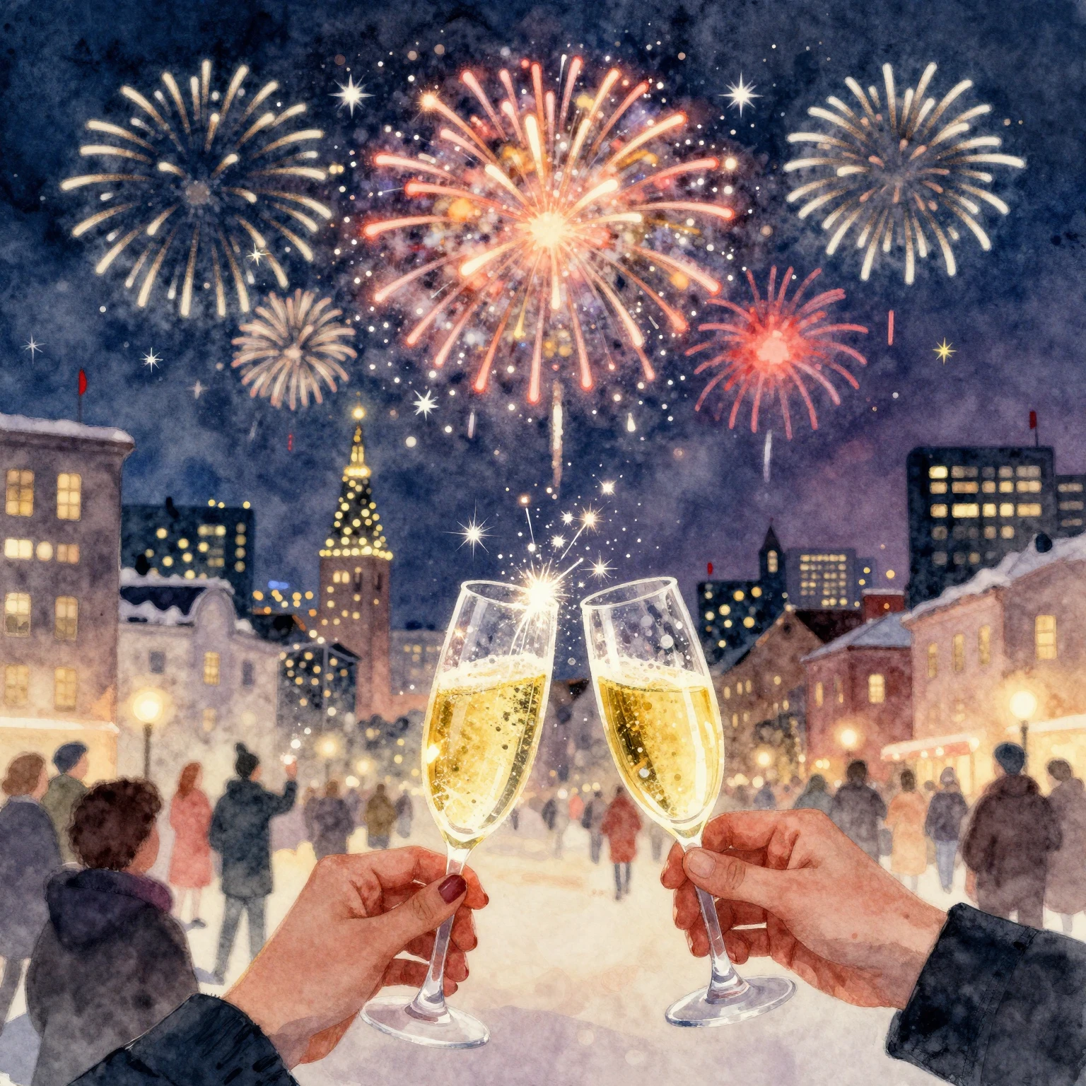 Vibrant watercolor painting of a New Year's Eve celebration ...