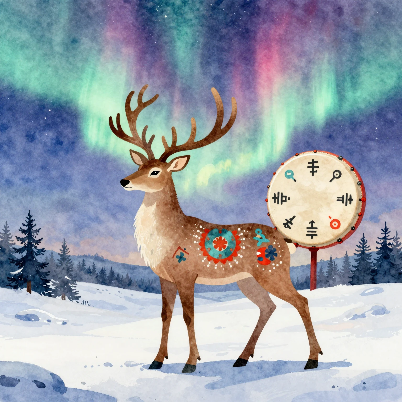 Vibrant watercolor style. Northern folk art, mystical deer s...