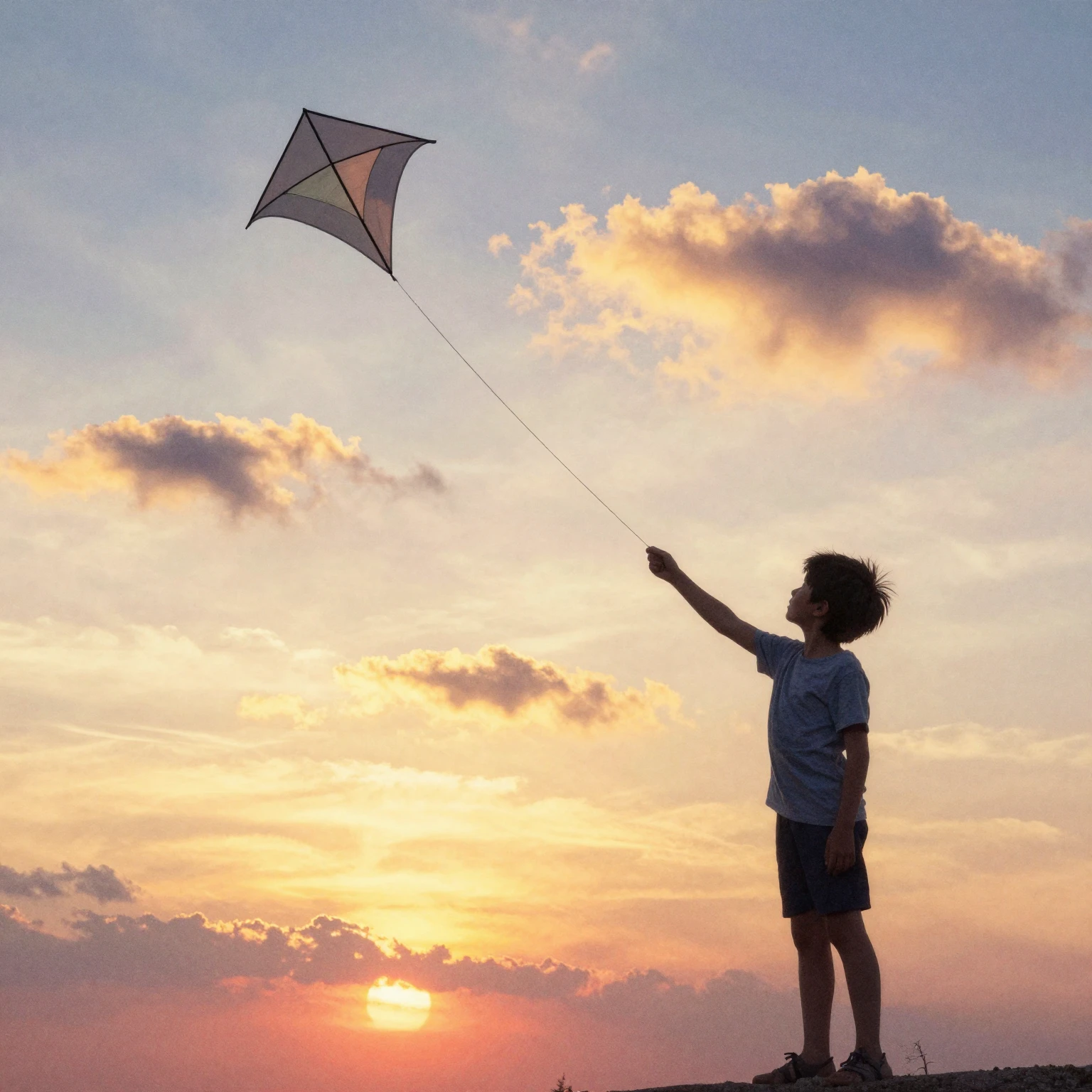 Watercolor style. A silhouette of a young boy flying a kite ...