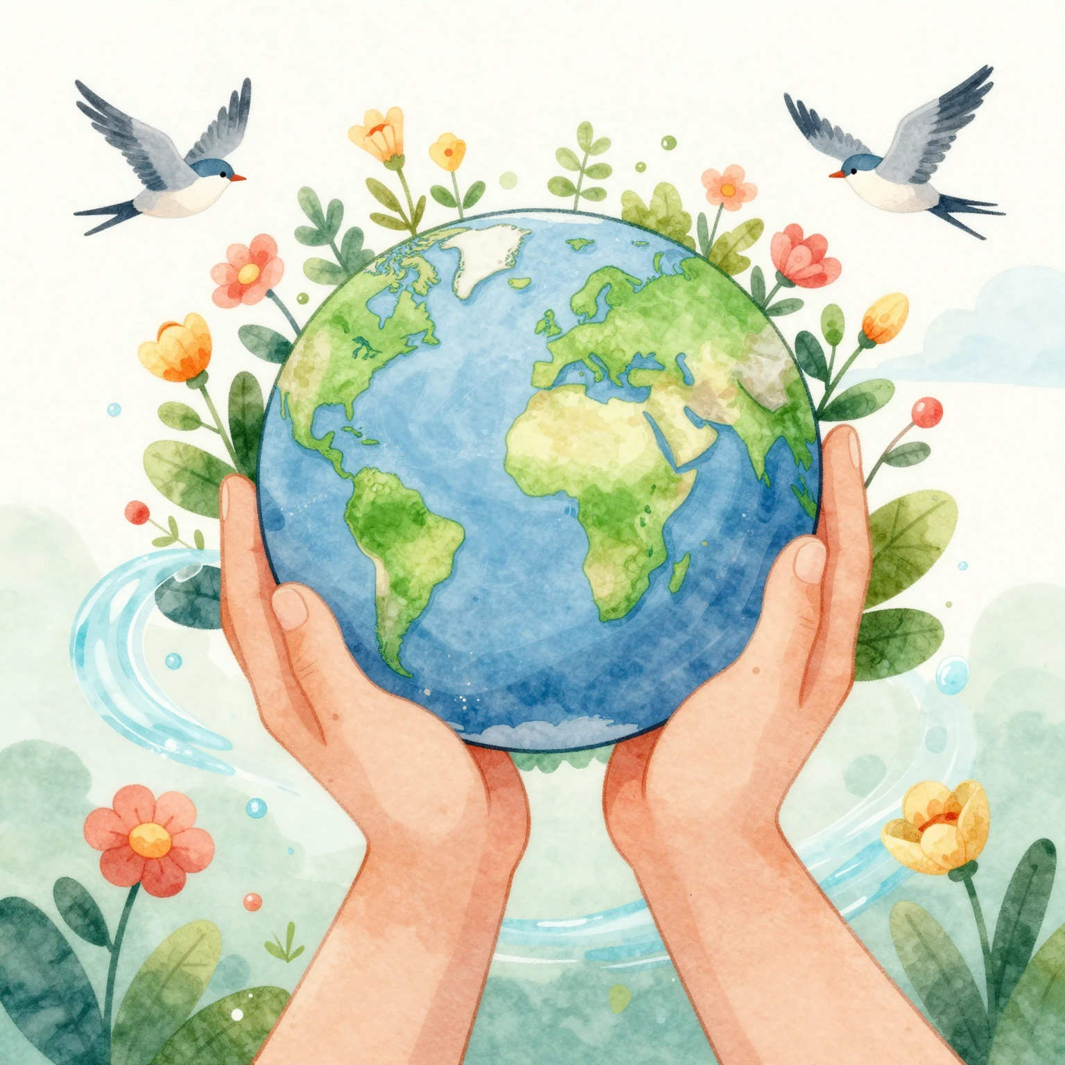 A vibrant watercolor illustration depicting hands gently cra...