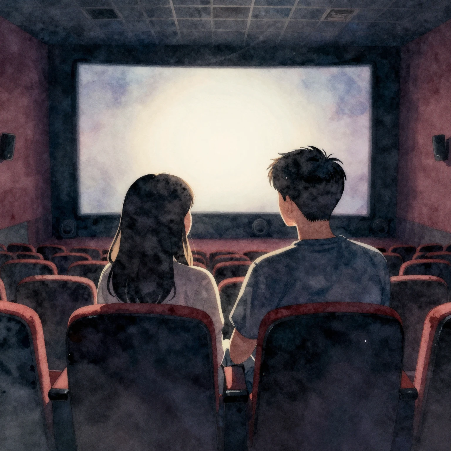 Watercolor style. A silhouette of two teenagers sitting toge...