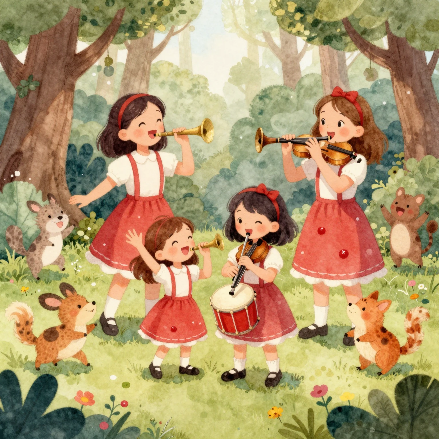 A whimsical watercolor illustration of four joyful cranberry...