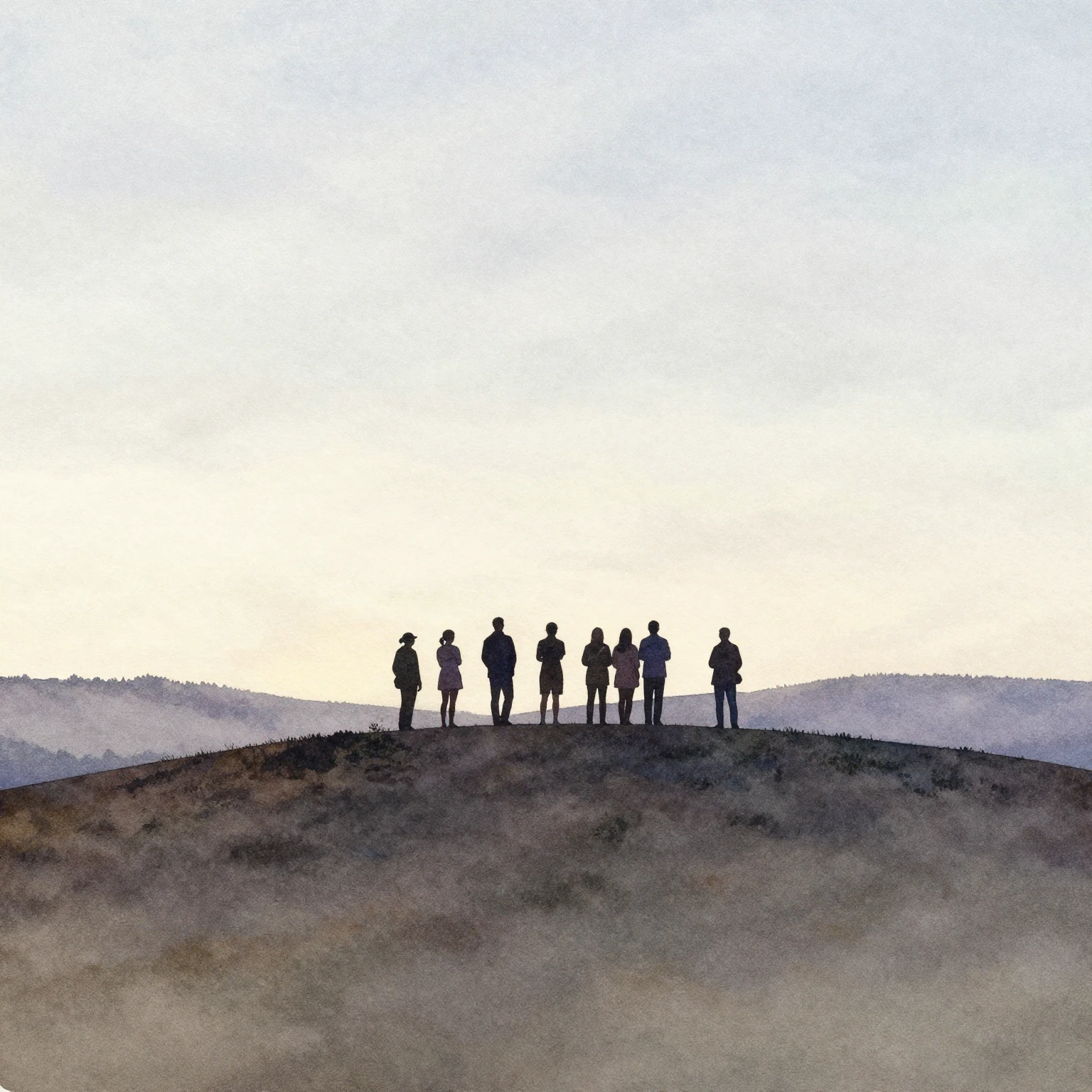 Watercolor painting of a silhouette of a small group of peop...