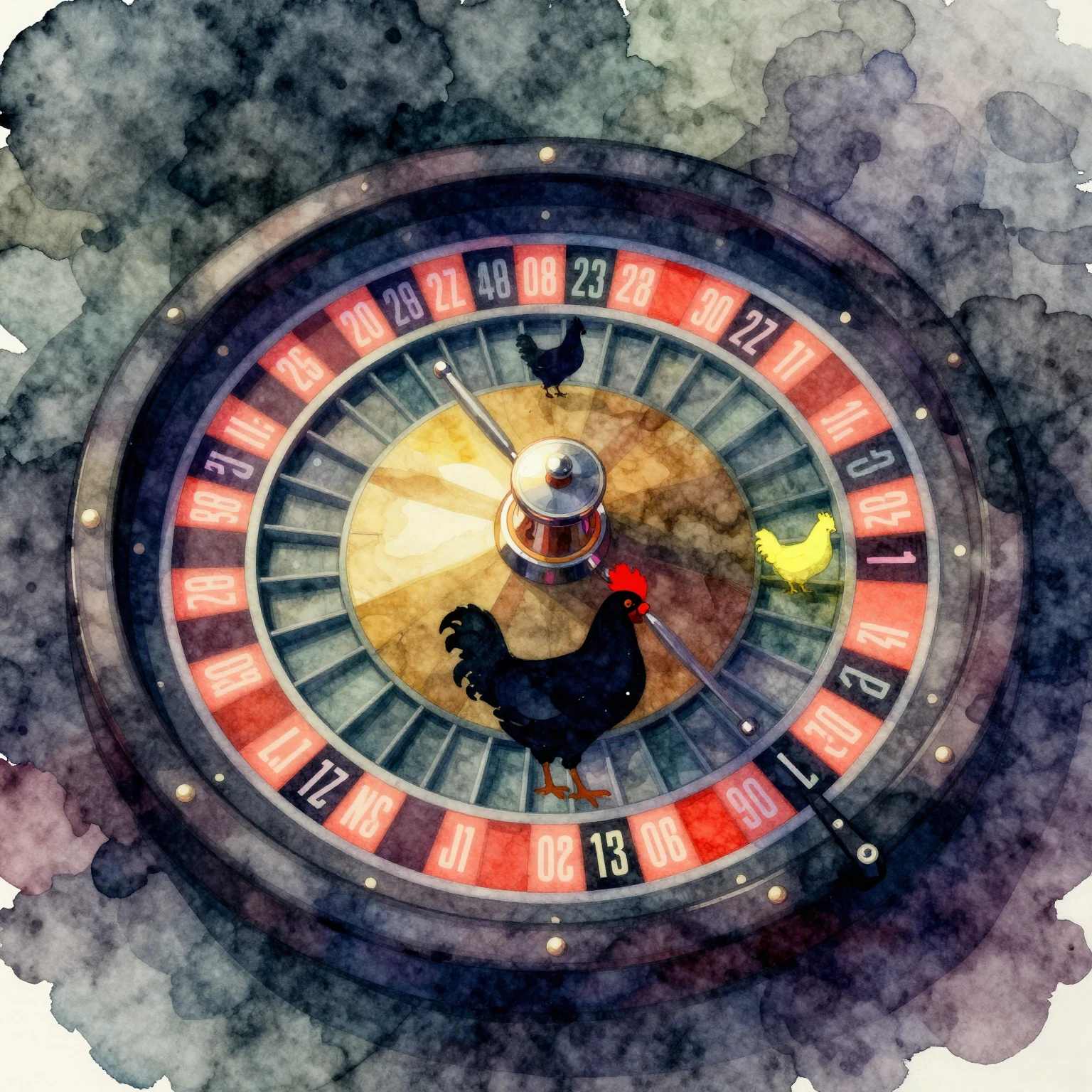 Vibrant watercolor style. Stylized roulette wheel with chick...