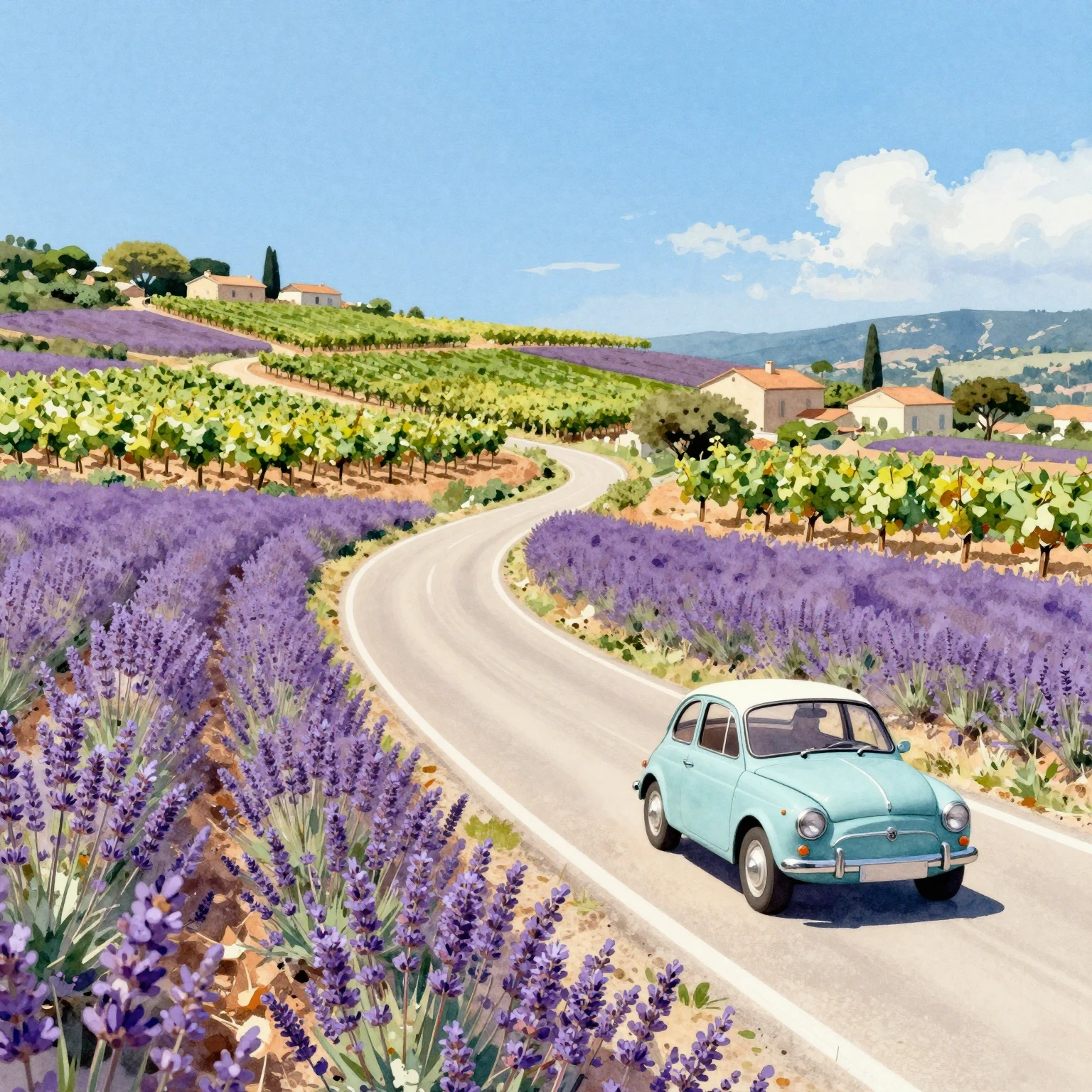 Vibrant watercolor style. A scenic illustration of the Frenc...