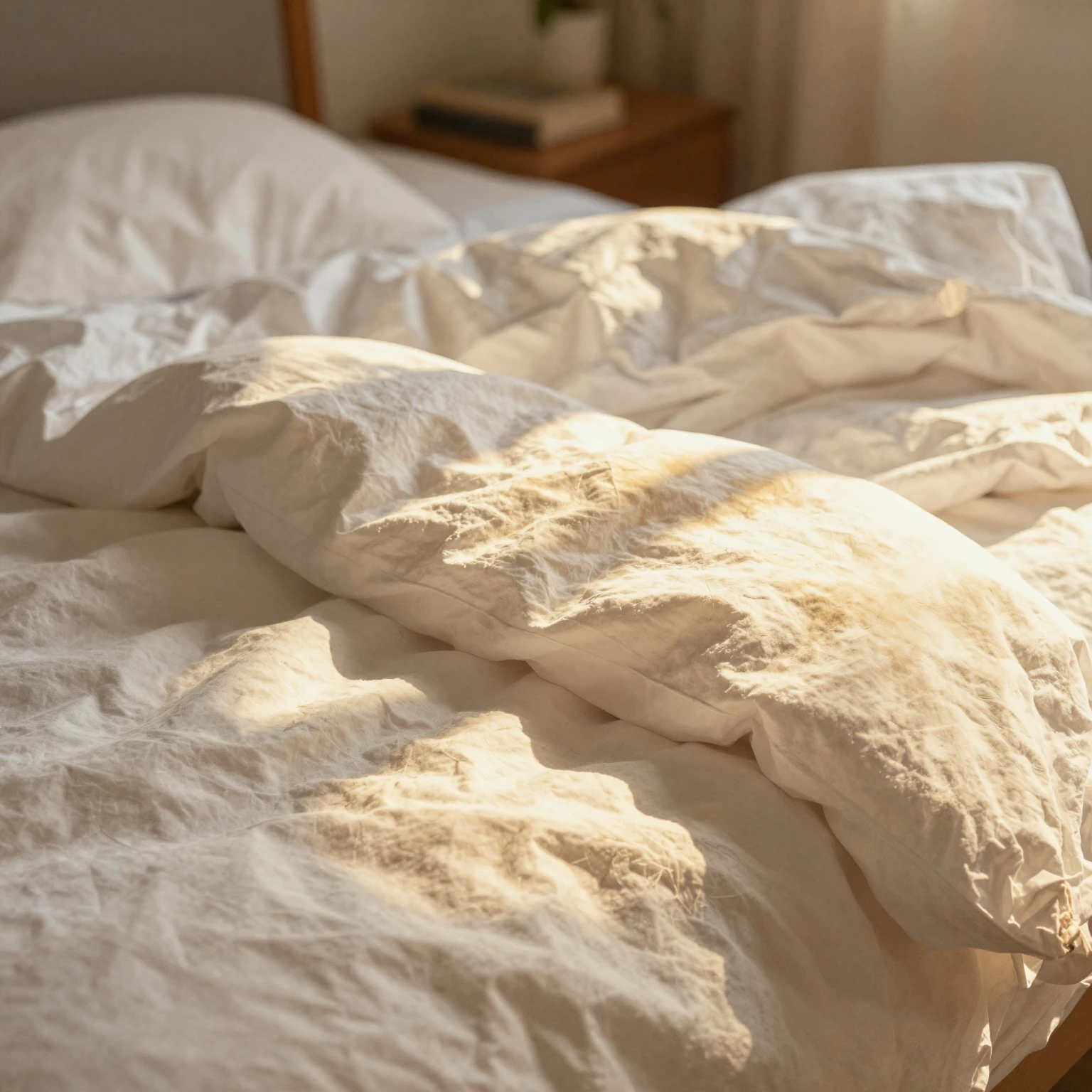 A watercolor painting of a messy bed with white sheets tangl...