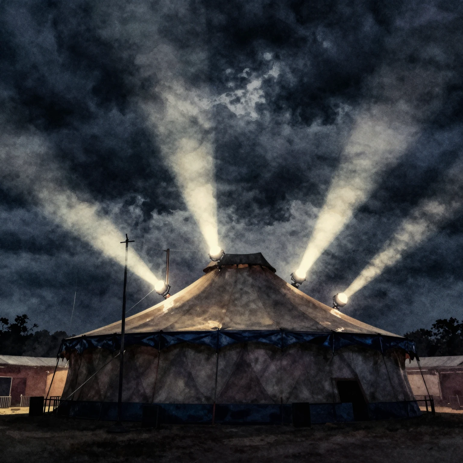 Watercolor style. A dramatic silhouette of a circus tent und...