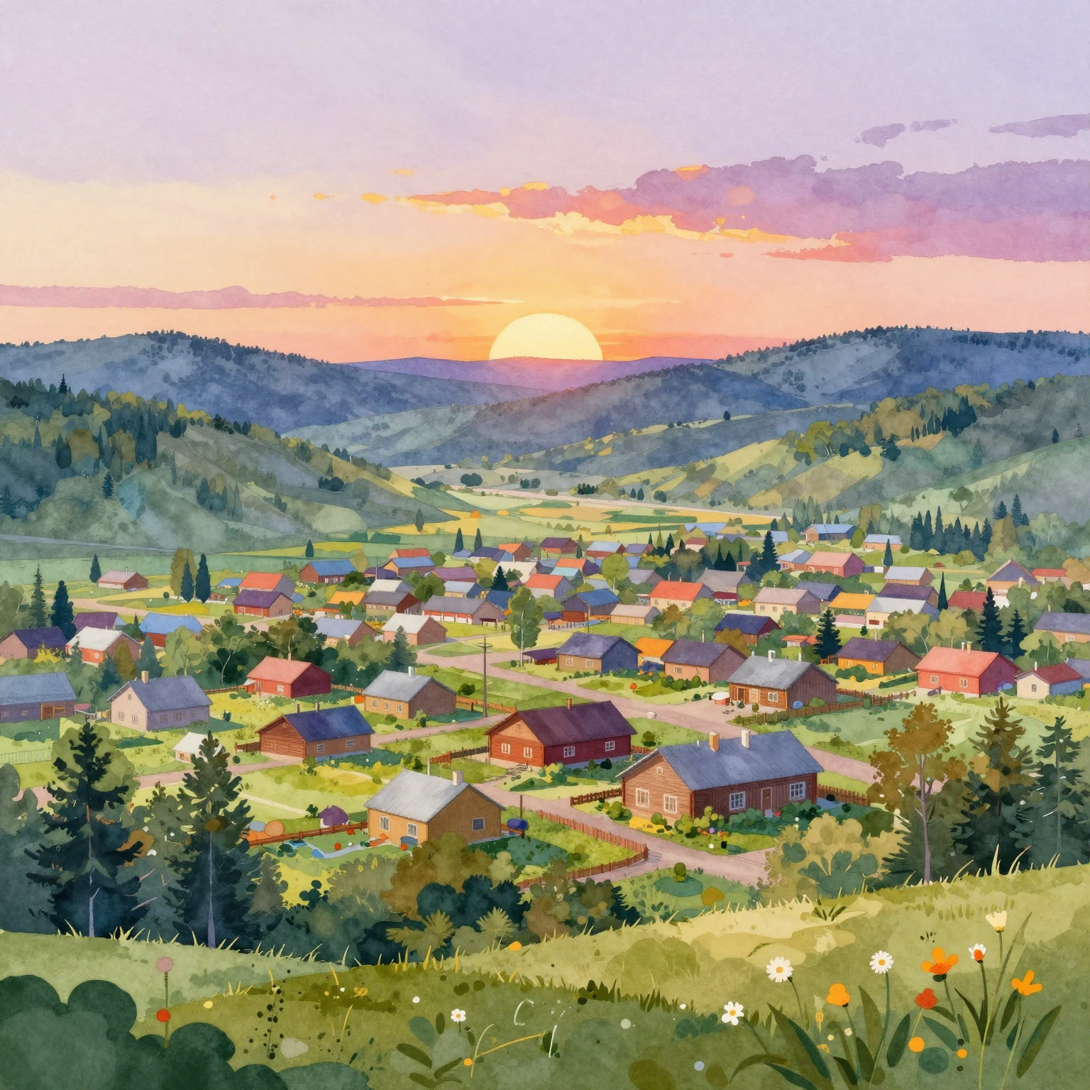 Watercolor style. A cozy Siberian town nestled in a valley, ...