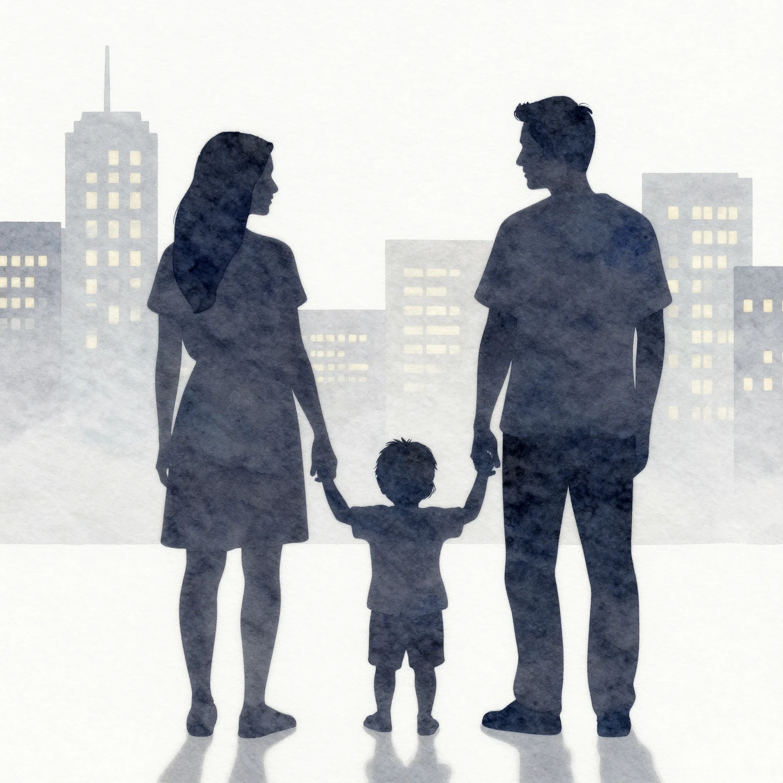 Watercolor style image of a family silhouette (man, woman, a...