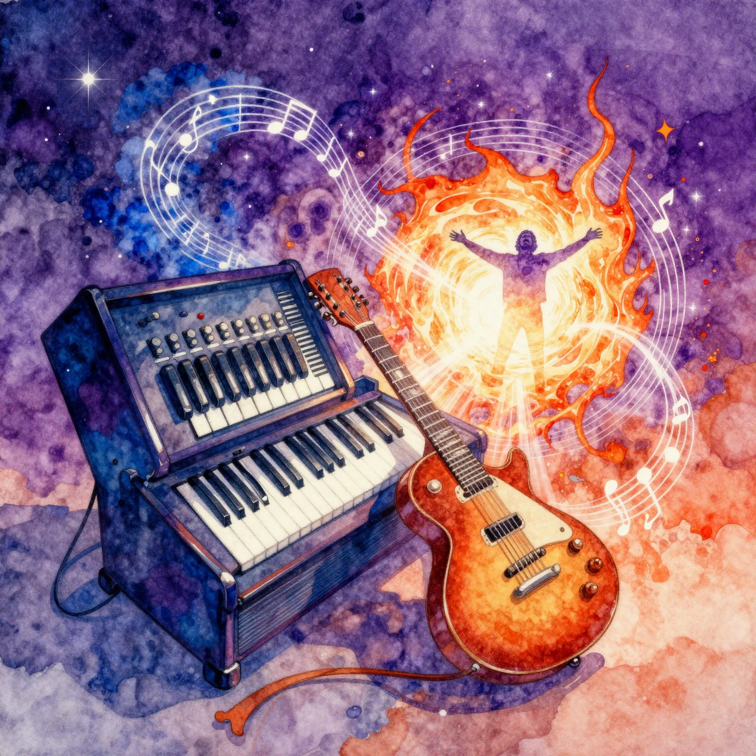 Vibrant watercolor style psychedelic rock album cover. Domin...