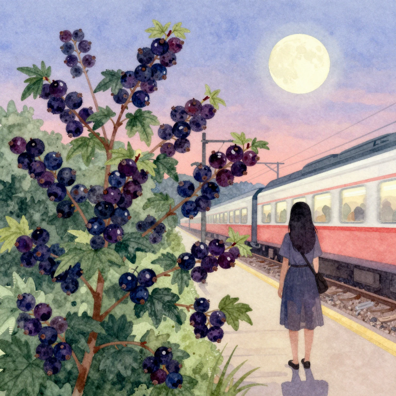 Vibrant watercolor style folk art, blackcurrant bush in bloo...