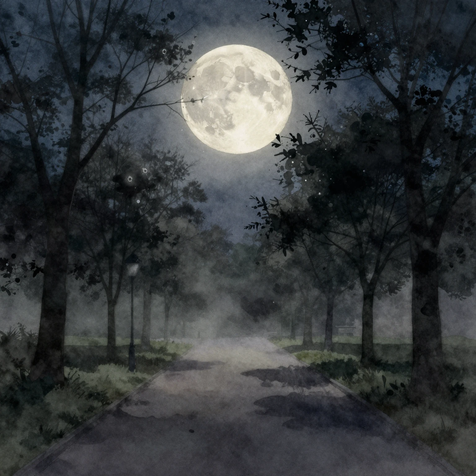 Watercolor style. A glowing full moon shining over a dark qu...