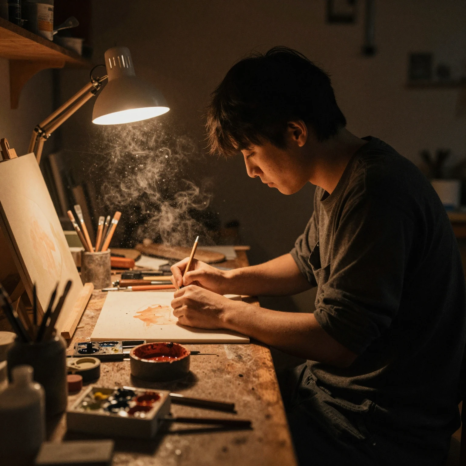 A dimly lit workshop scene, with a warm orange glow emanatin...