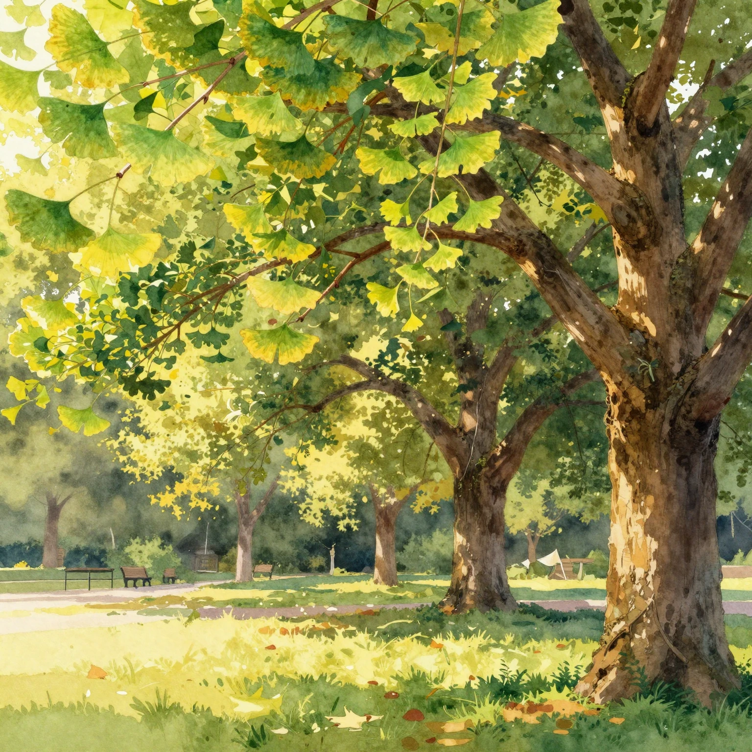 A vibrant watercolor painting of a sunlit park, focusing on ...