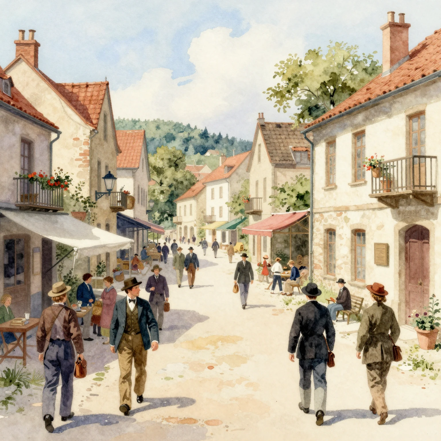 Vibrant watercolor illustration, vintage style, lively 19th-...