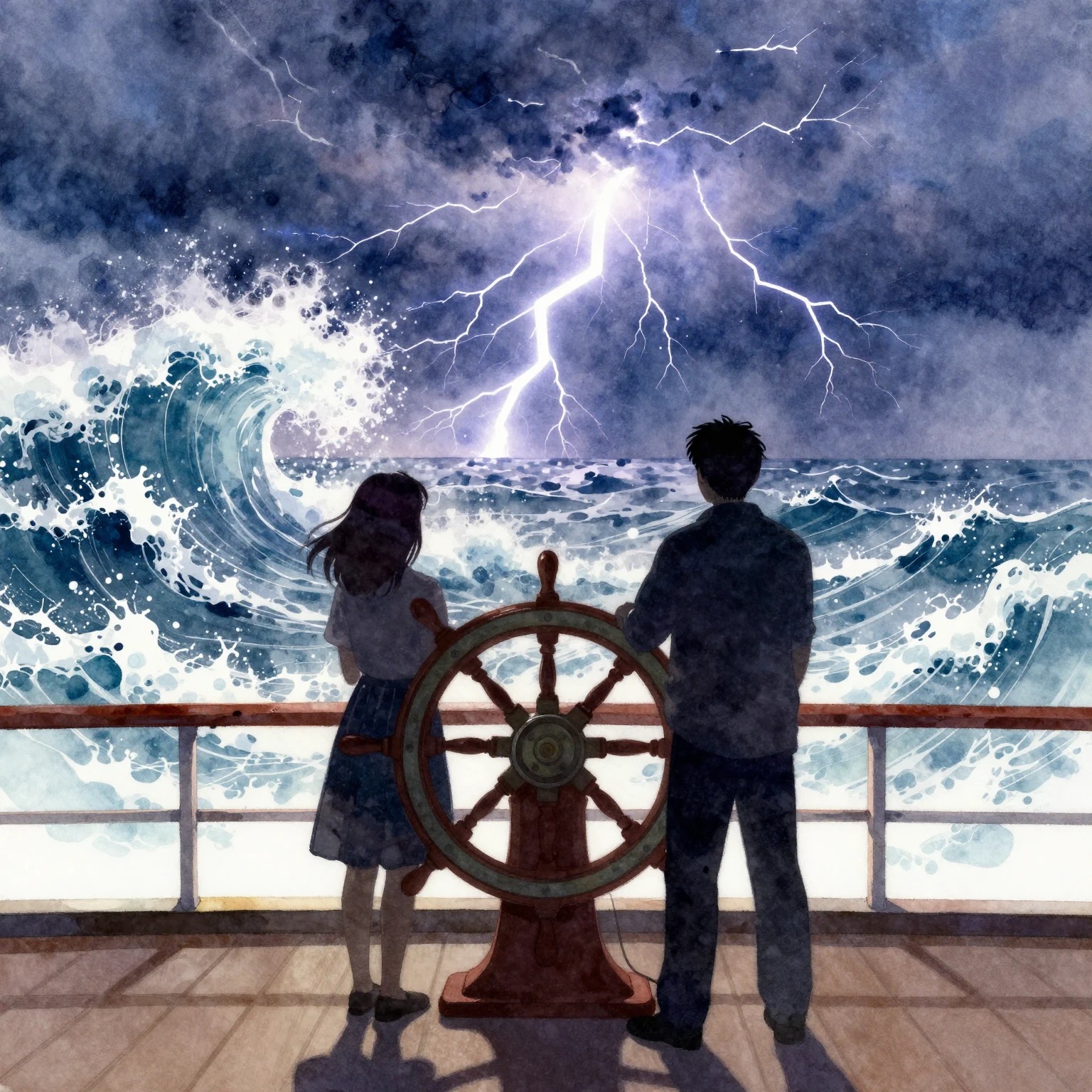 Two silhouettes on a ship's deck, facing a stormy sea with h...