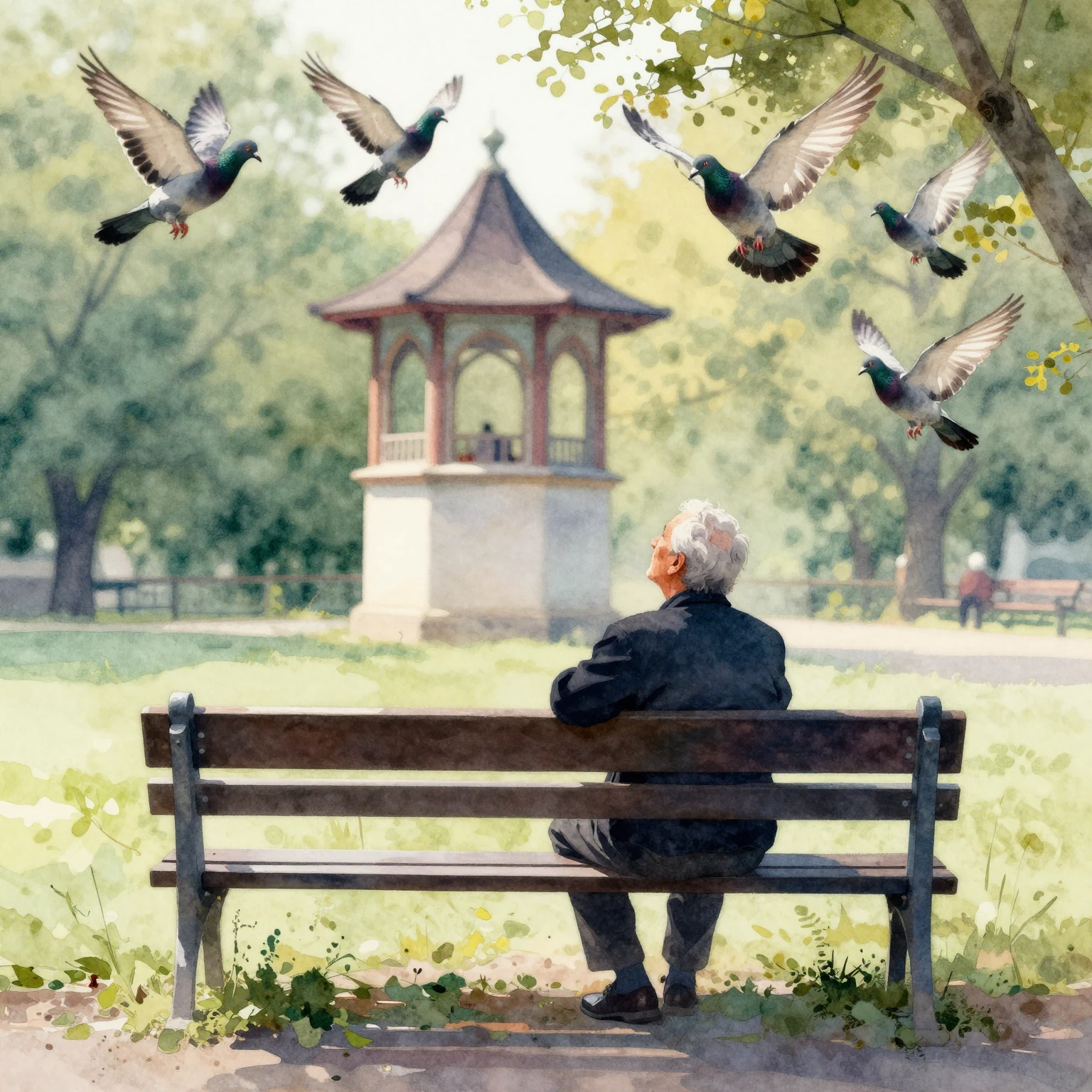 Vibrant watercolor style. A silhouette of an old man sitting...