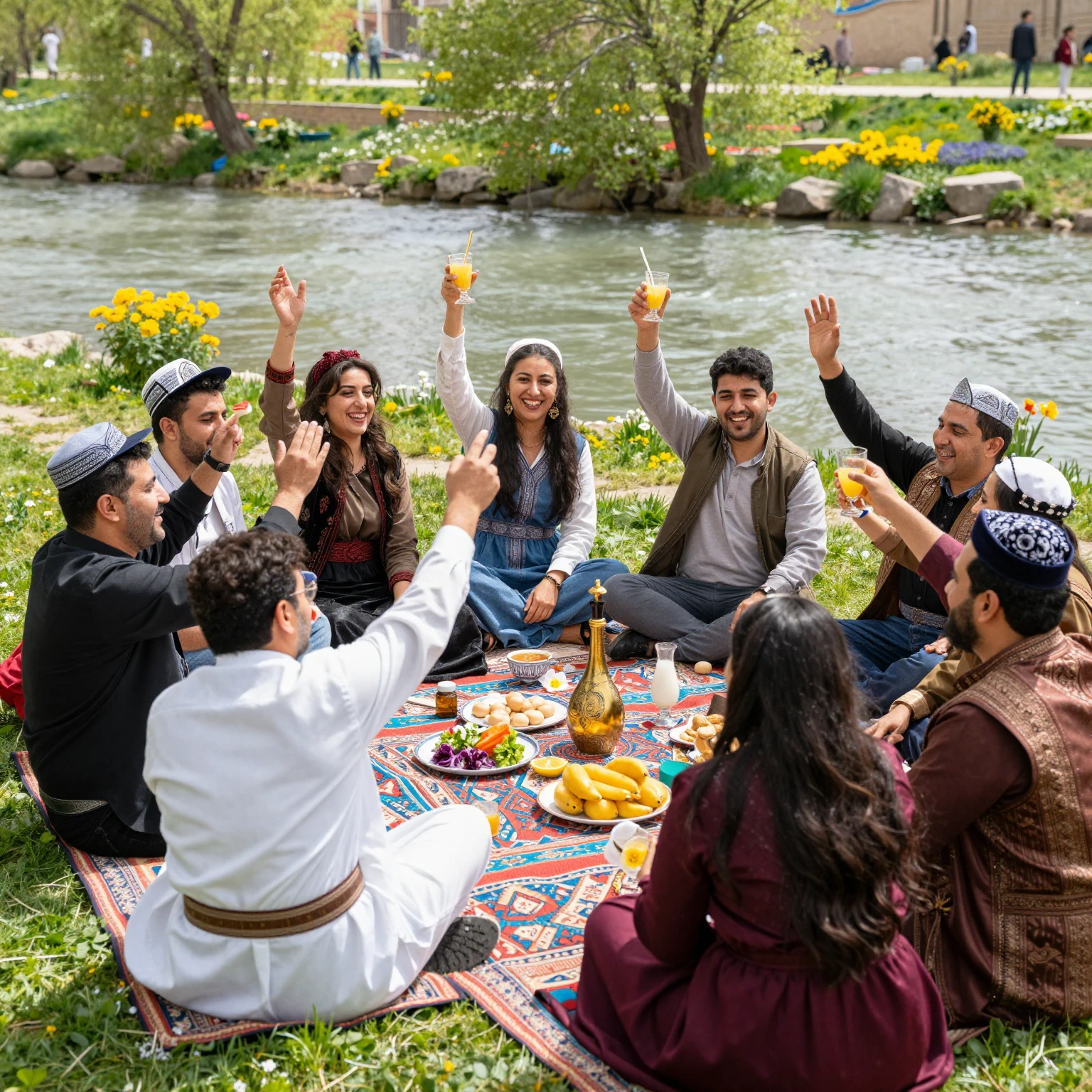 A vibrant, joyful scene depicting people celebrating Sizdah ...