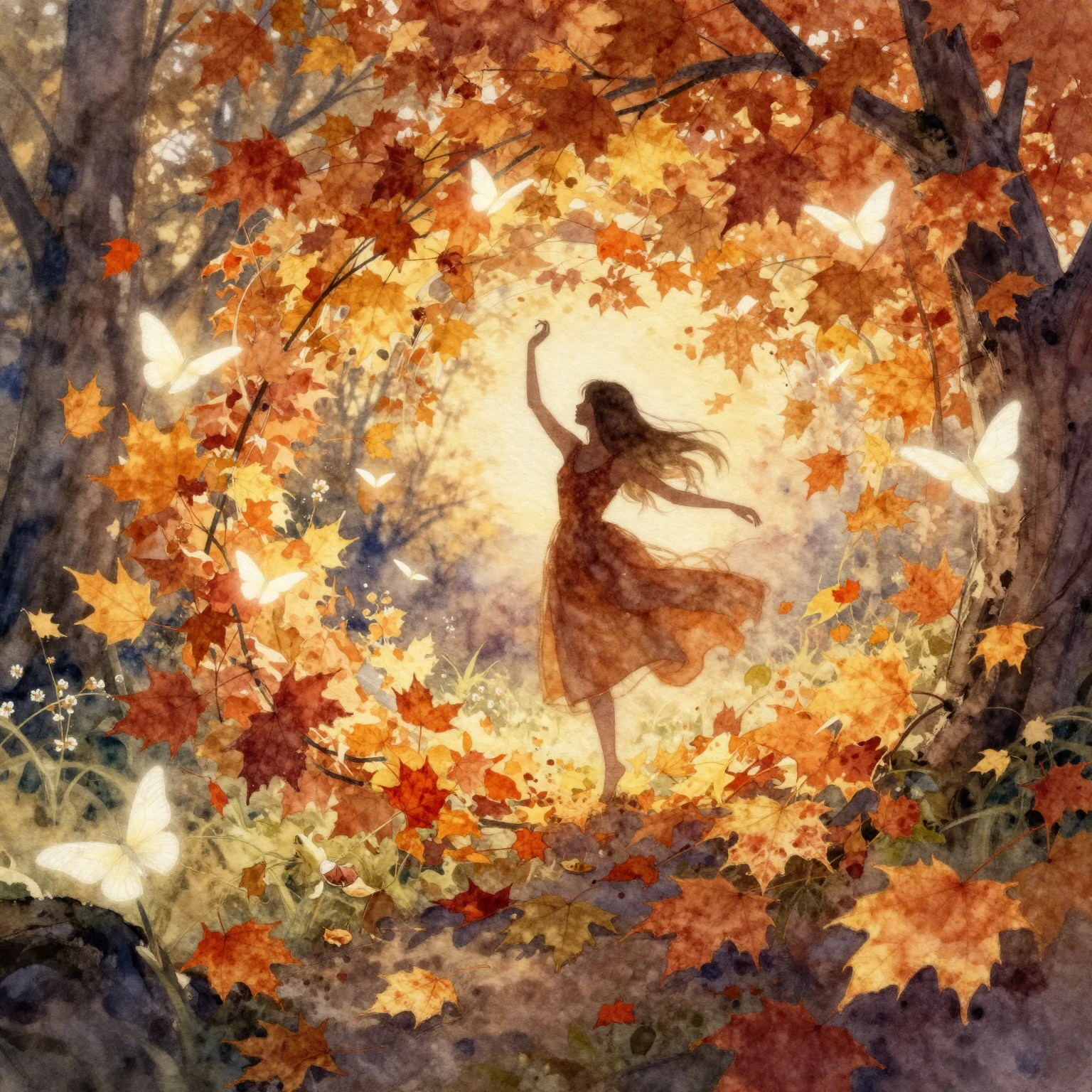Watercolor painting focused on swirling autumn leaves, with ...