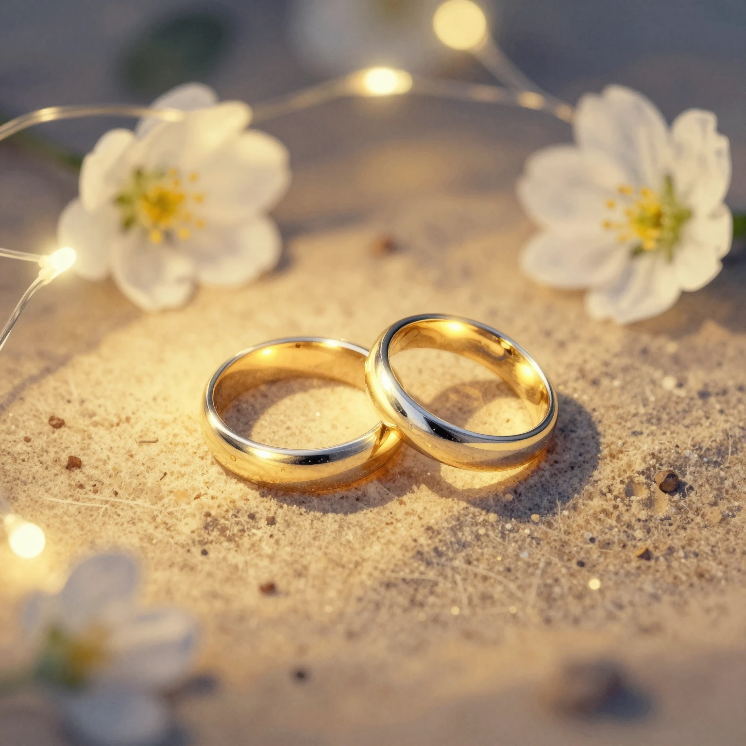 Watercolor style painting of two glowing wedding rings resti...