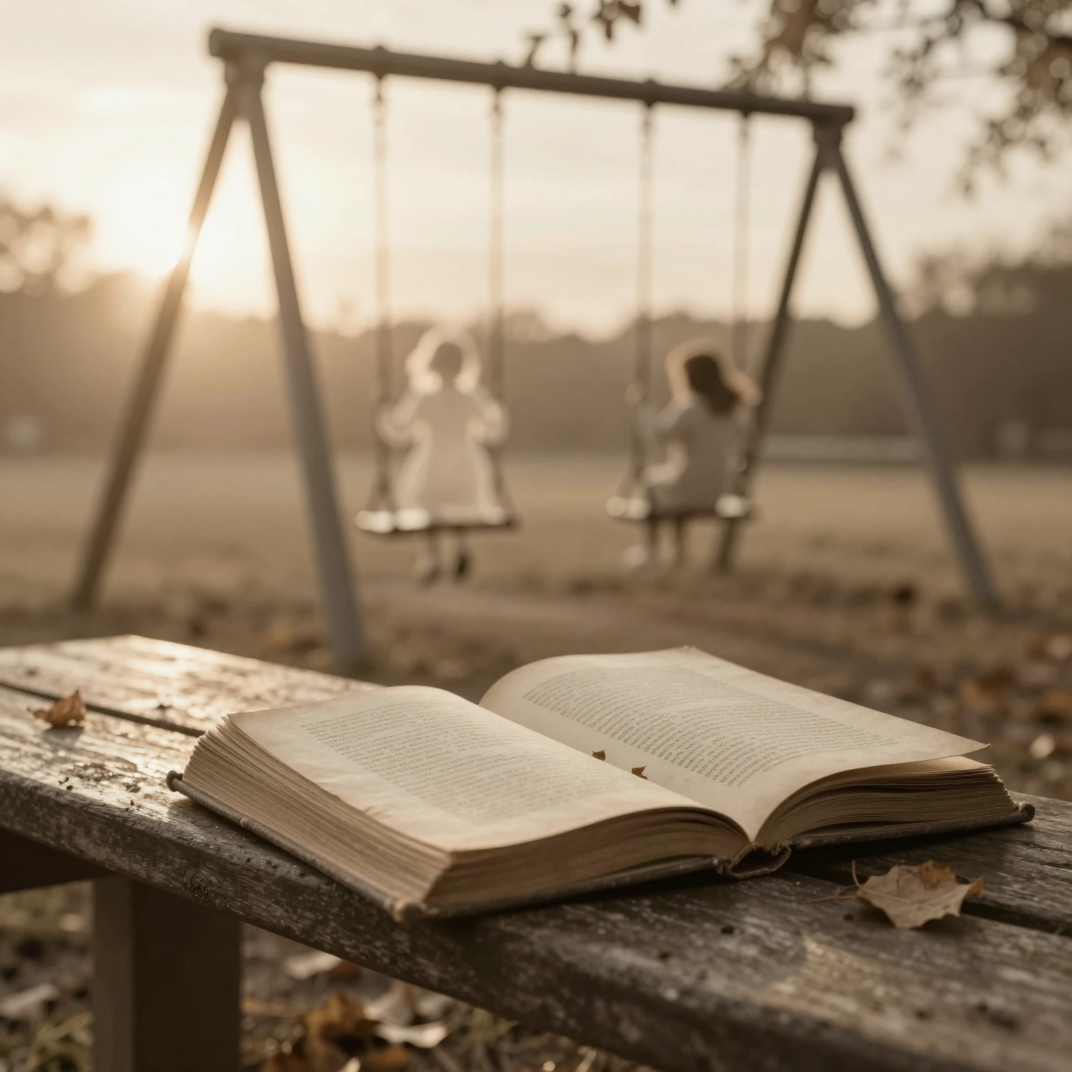 A serene, dreamlike scene depicting faded sepia-toned memori...