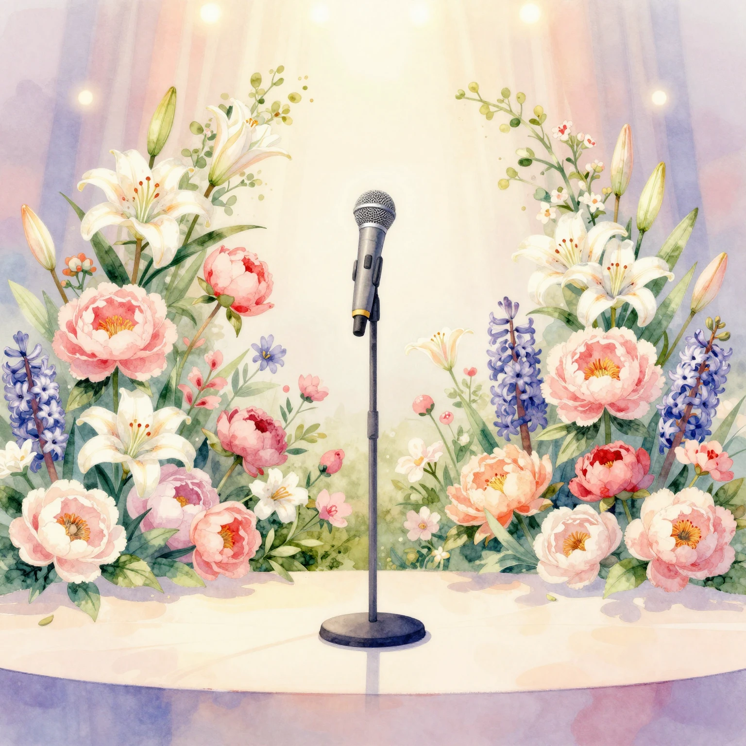 An artistic watercolor painting depicting a stage decorated ...