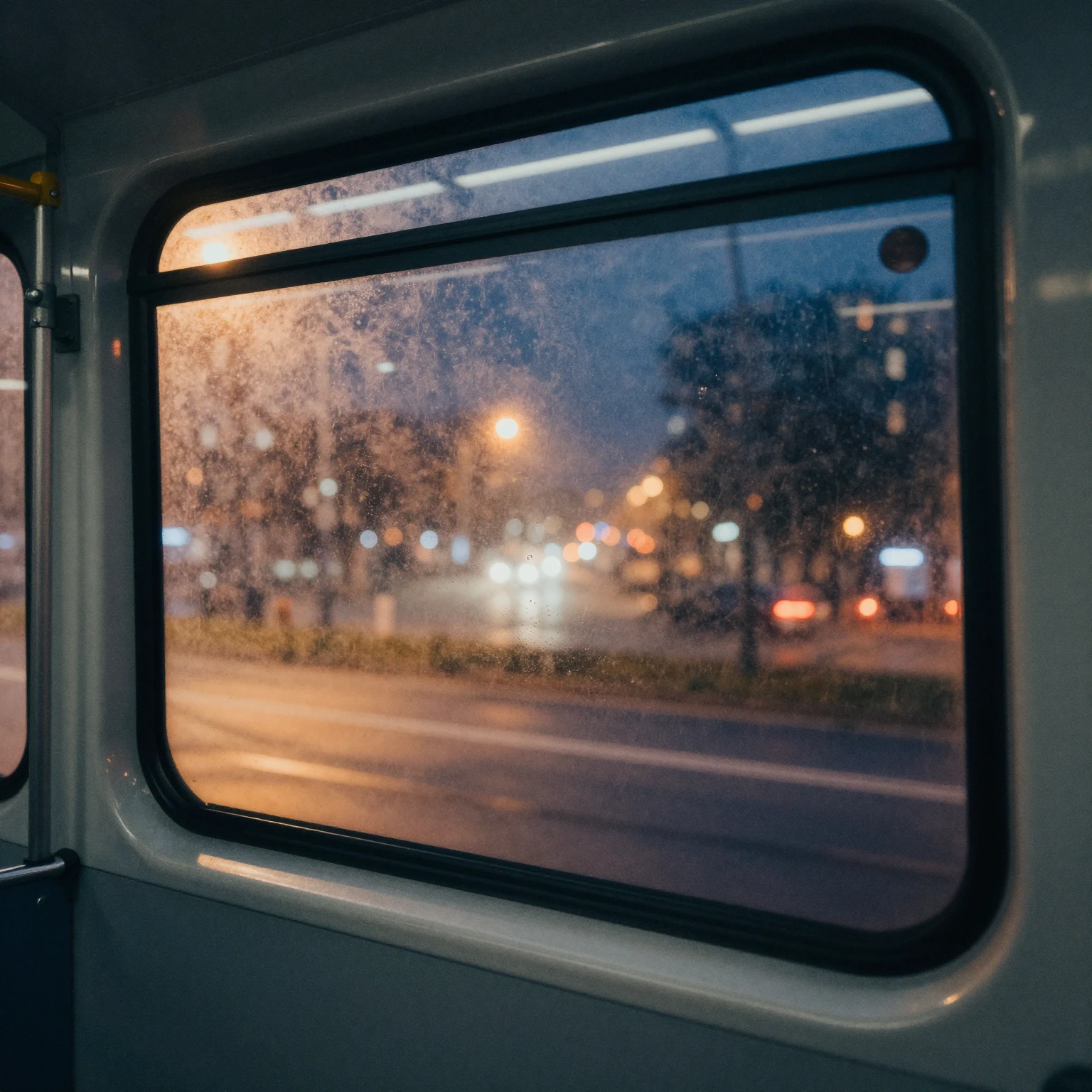 Watercolor style. View from inside a tram at night, foggy wi...