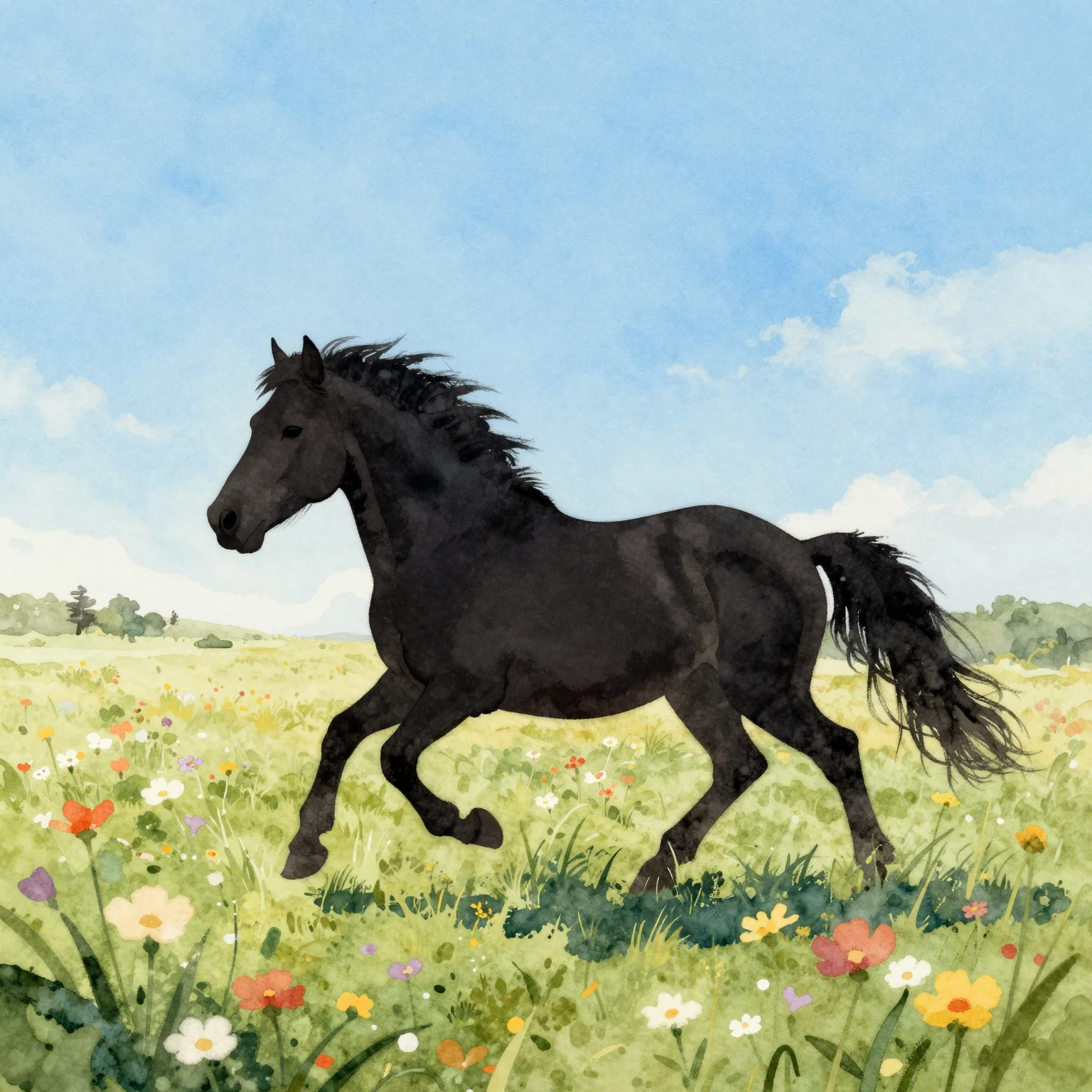 Watercolor style. Silhouette of a small pony running through...